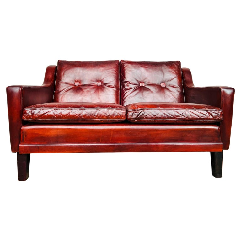 Neat Vintage Danish 1970s Patinated Chestnut Brown 2 Seater Leather