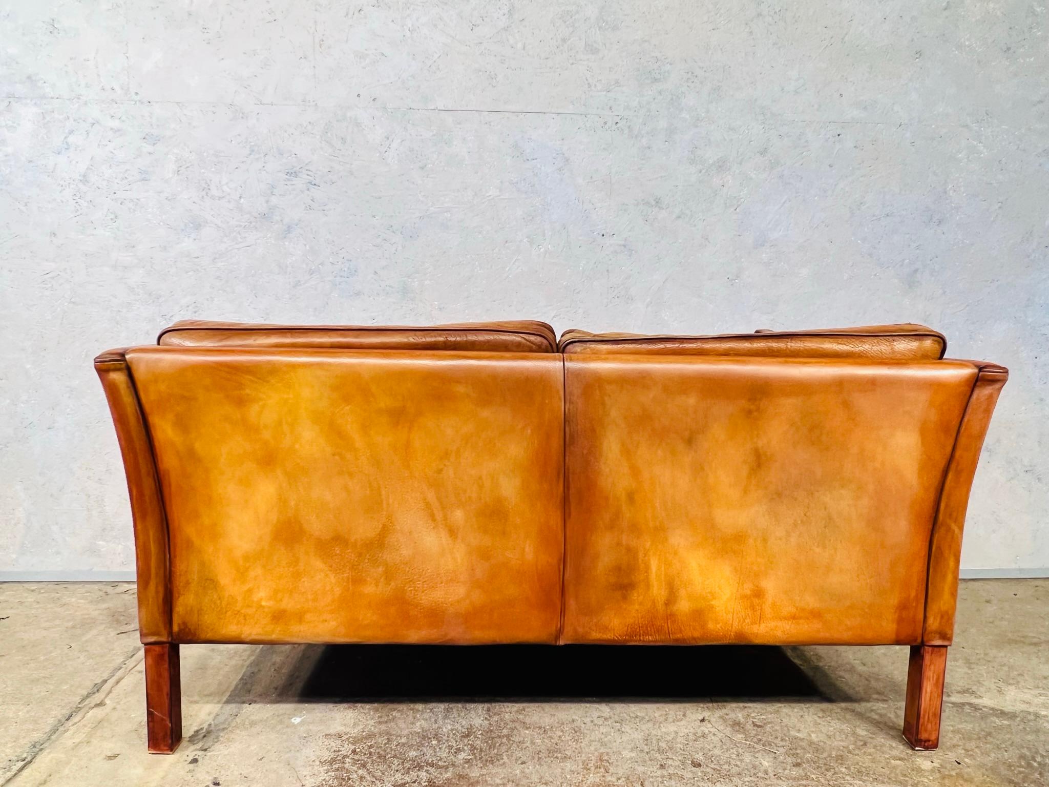 Neat Vintage Danish 70s Patinated Light Tan Two Seater Leather Sofa #00 6