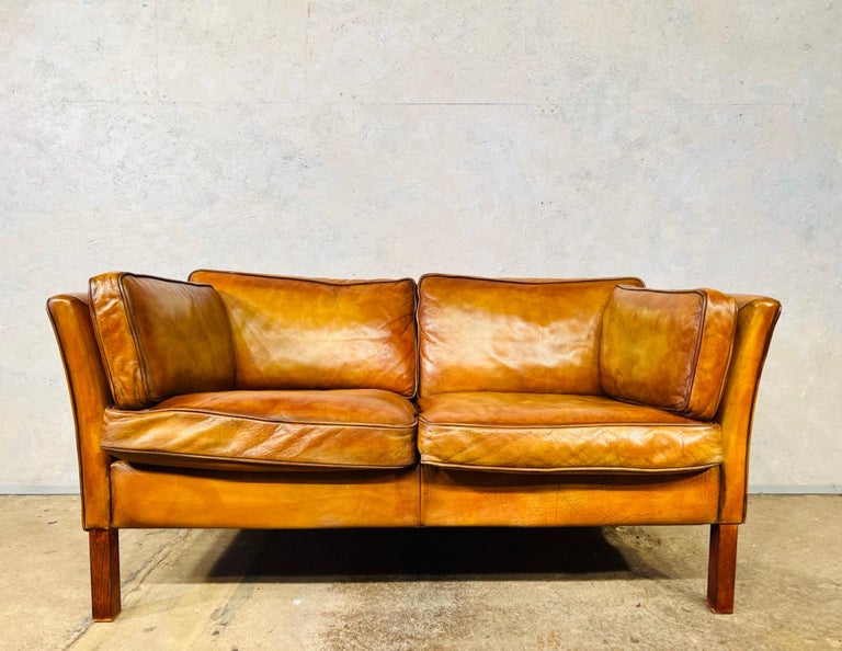 Neat Vintage Danish 70s Patinated Light Tan Two Seater Leather Sofa 00