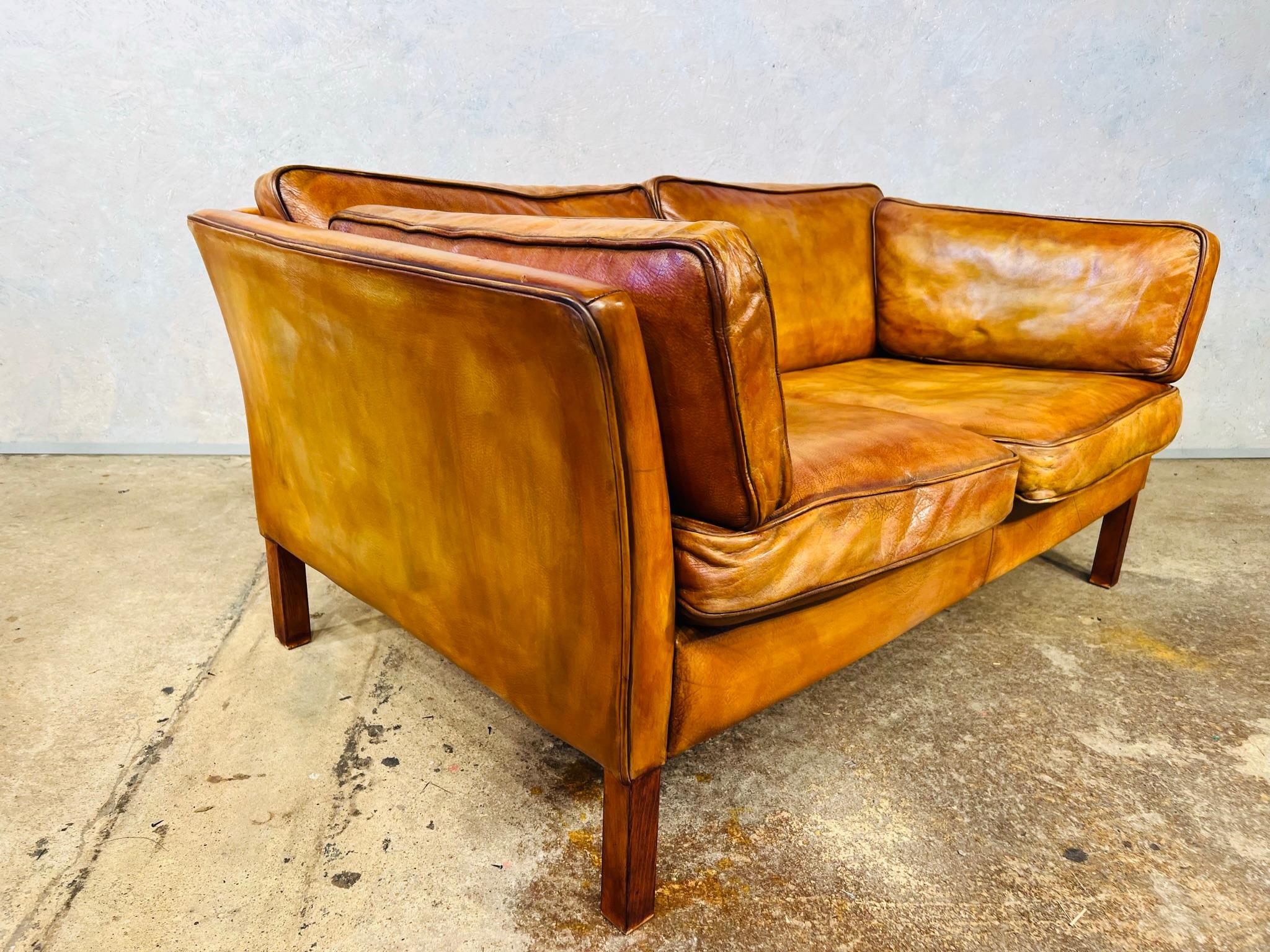 20th Century Neat Vintage Danish 70s Patinated Light Tan Two Seater Leather Sofa #00