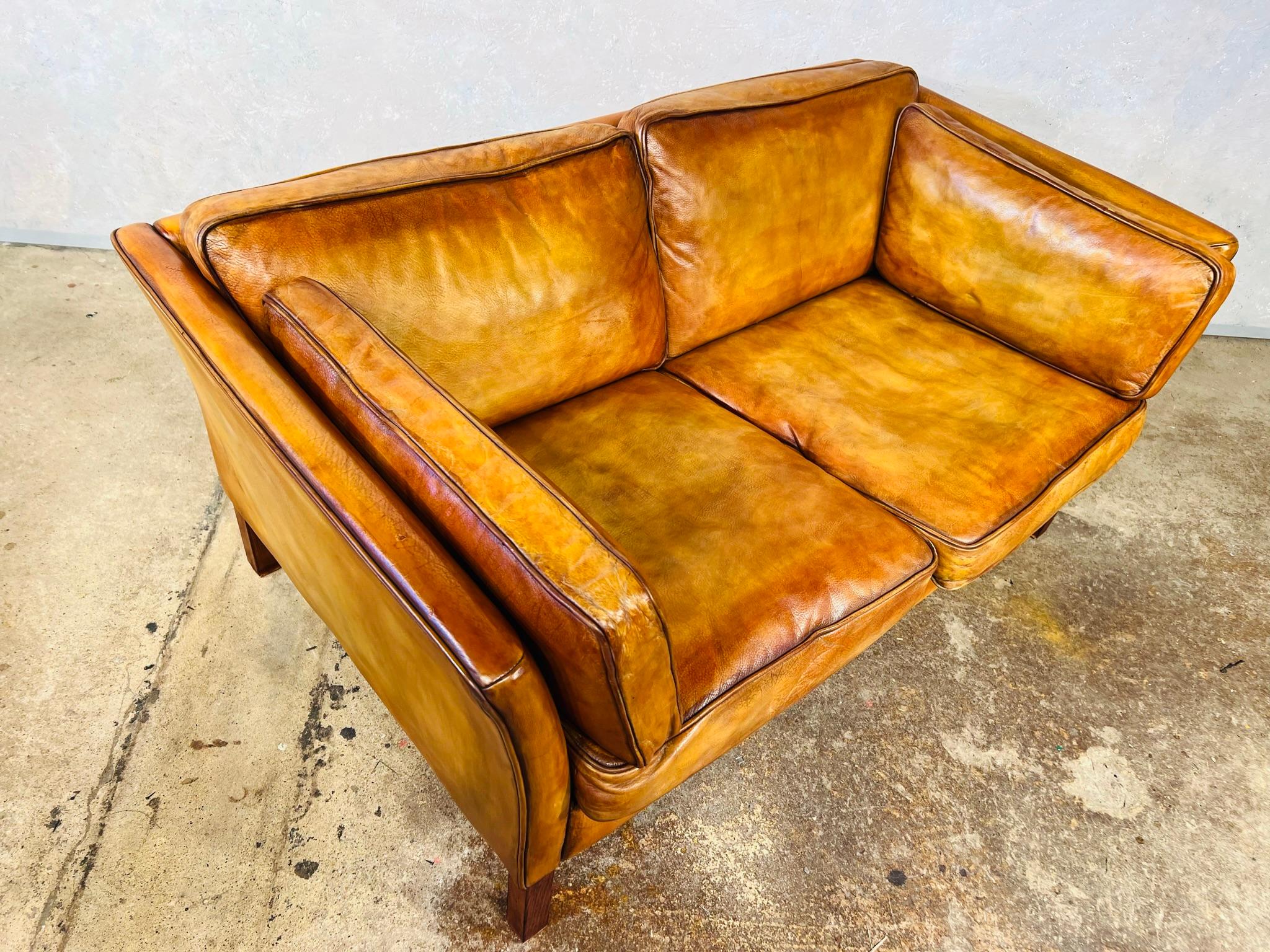 Neat Vintage Danish 70s Patinated Light Tan Two Seater Leather Sofa #00 1