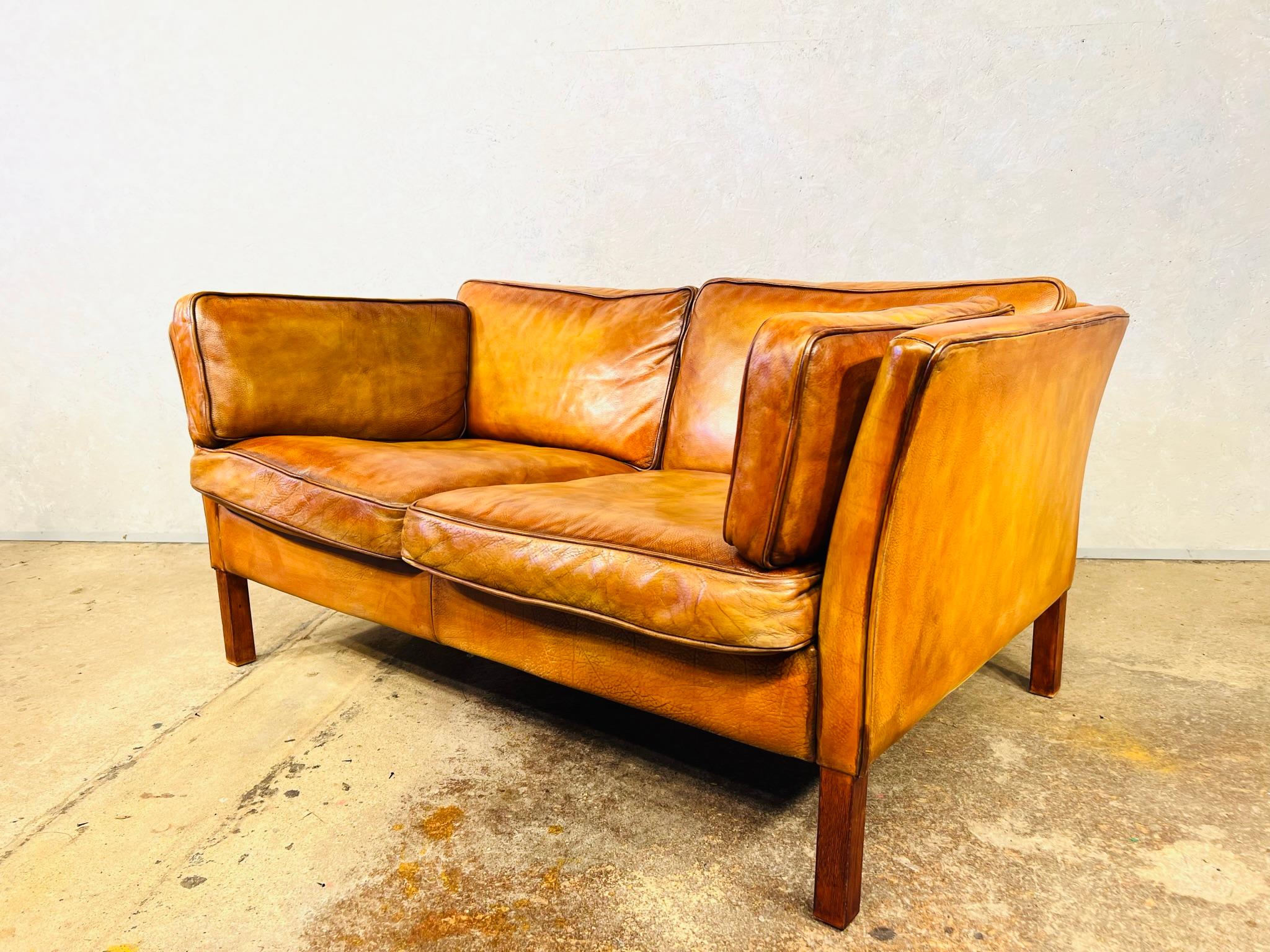 Neat Vintage Danish 70s Patinated Light Tan Two Seater Leather Sofa #00 3