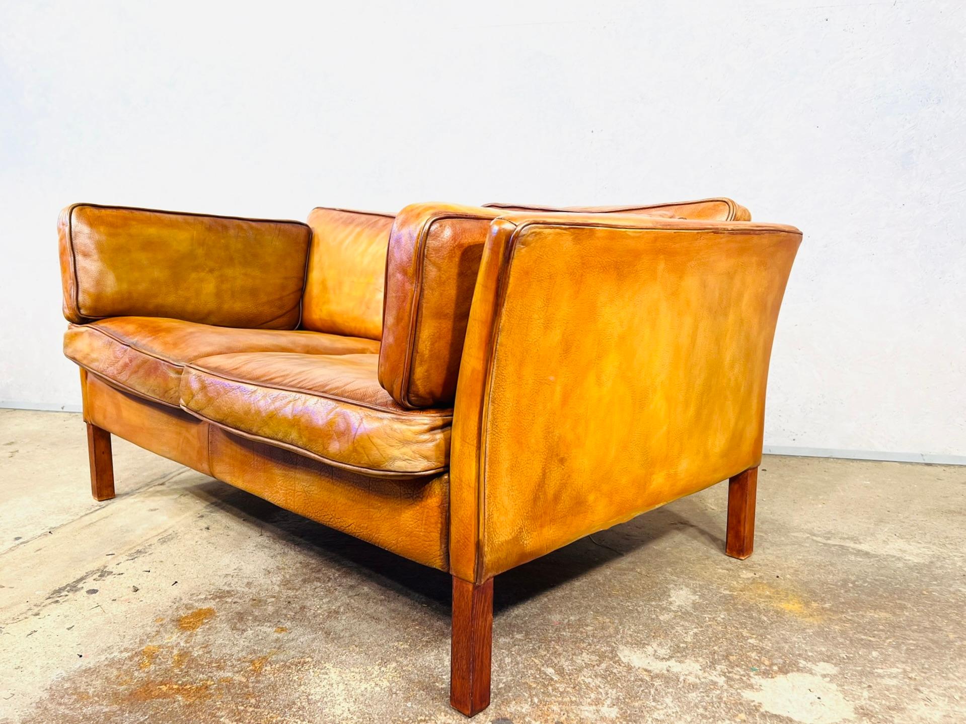 Neat Vintage Danish 70s Patinated Light Tan Two Seater Leather Sofa #00 4