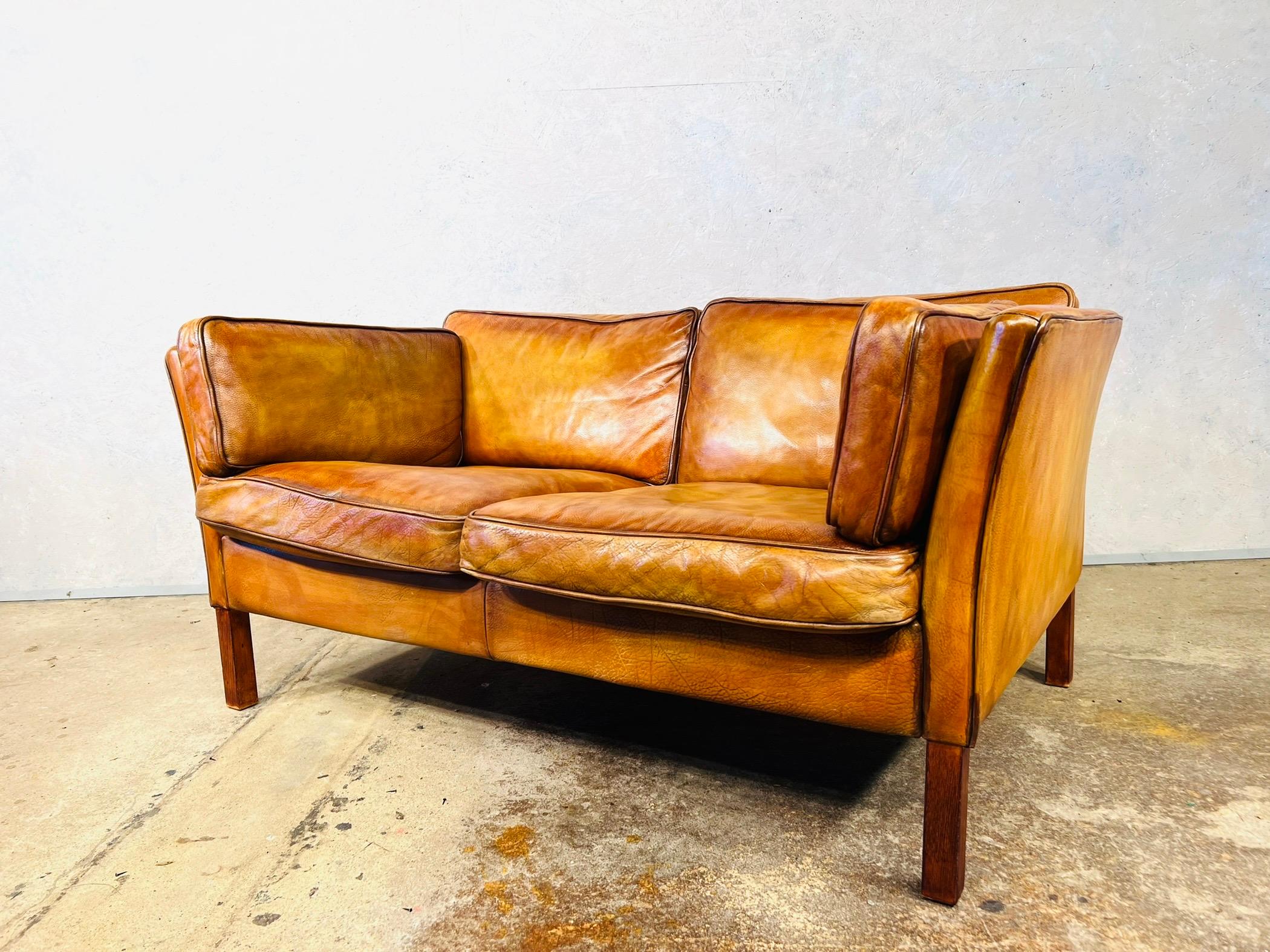 Neat Vintage Danish 70s Patinated Light Tan Two Seater Leather Sofa #00 5