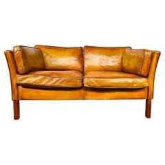 Neat Retro Danish 70s Patinated Light Tan Two Seater Leather Sofa #00