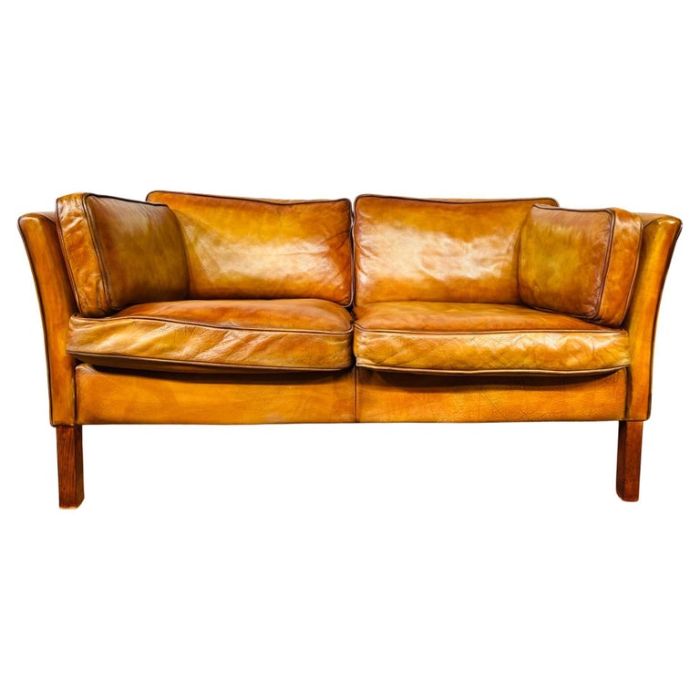Neat Vintage Danish 70s Patinated Light Tan Two Seater Leather Sofa #00 ...