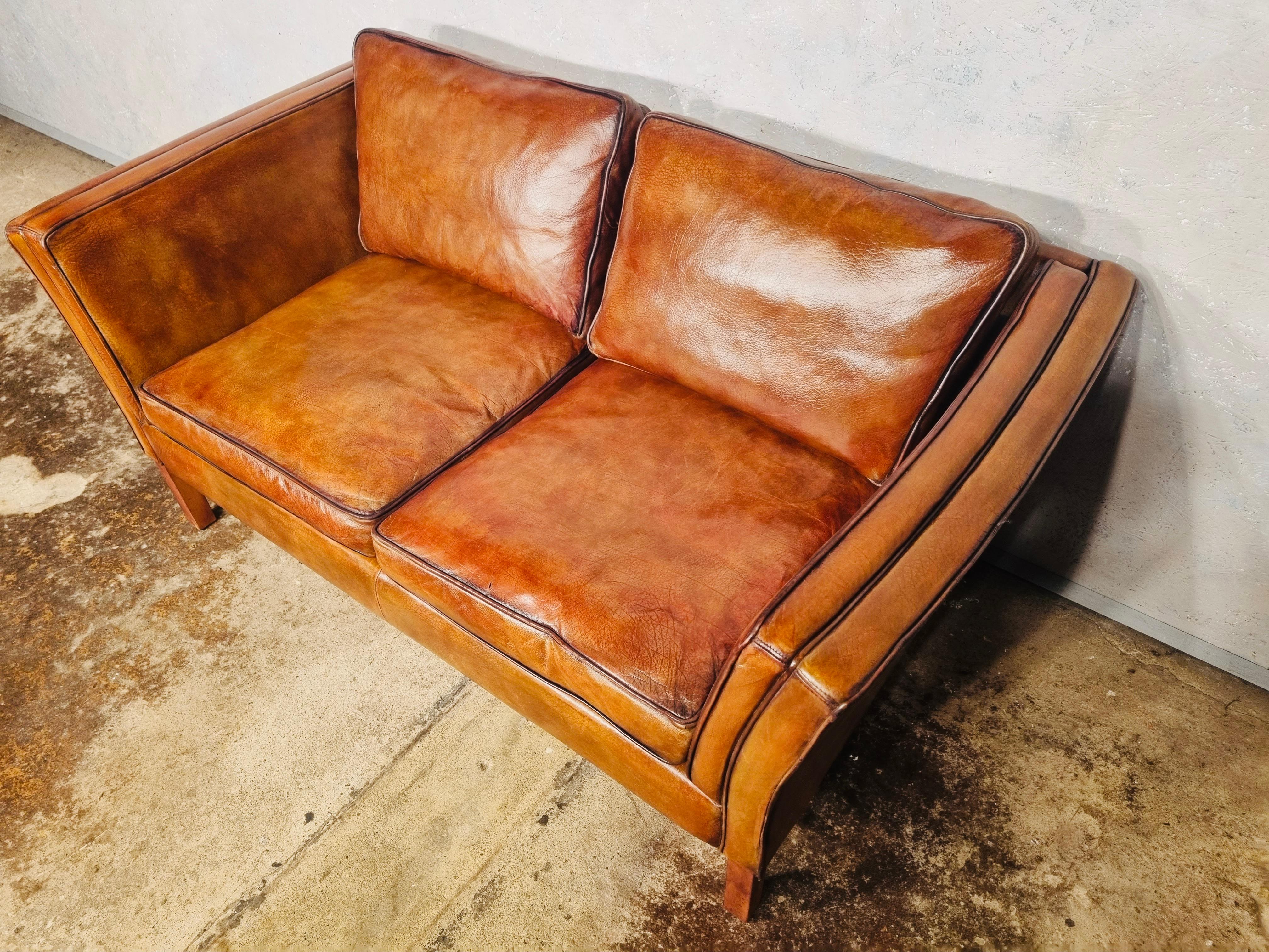 Neat Vintage Danish 70s Patinated Light Tan Two Seater Leather Sofa