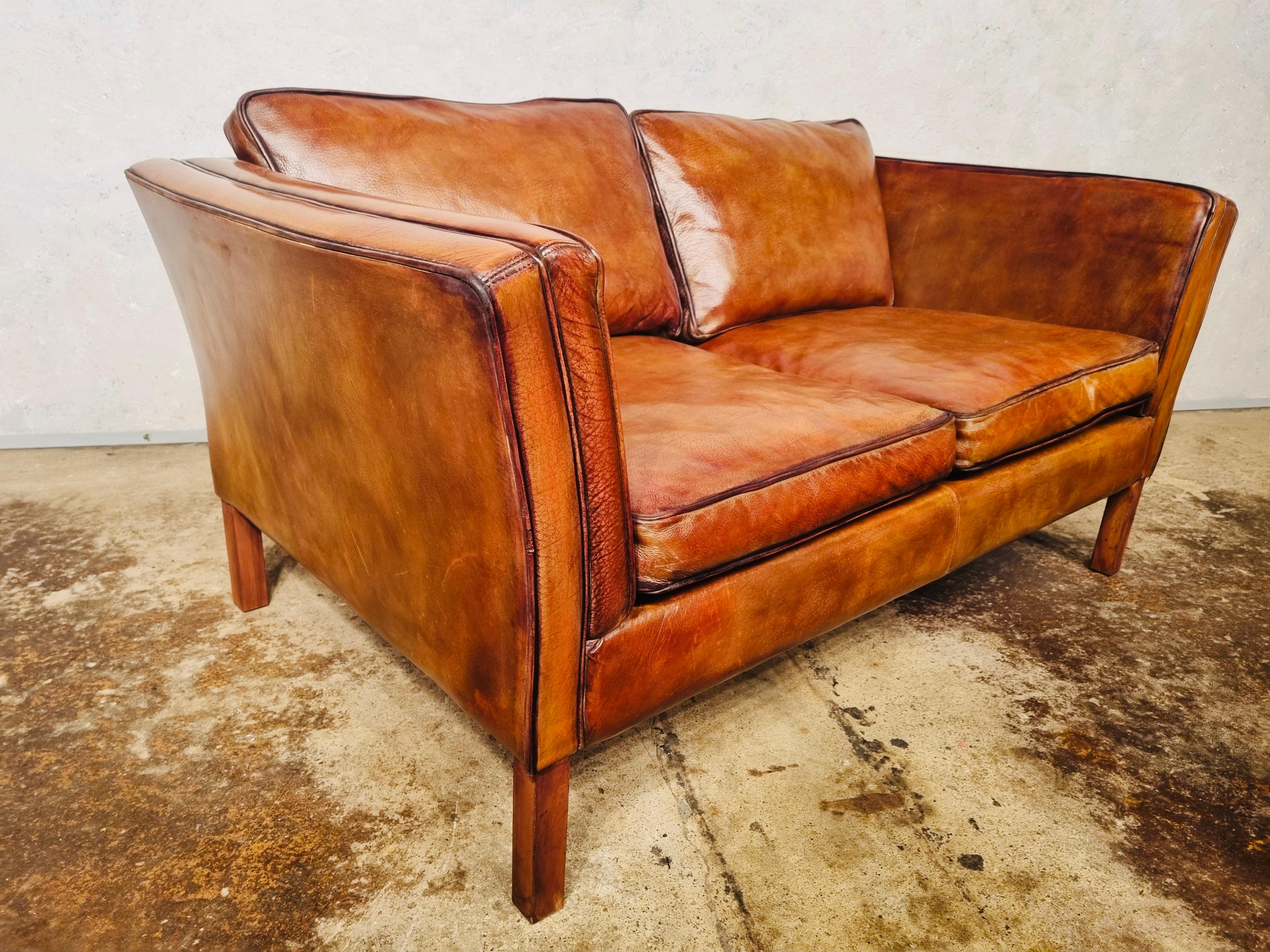 Neat Vintage Danish 70s Patinated Light Tan Two Seater Leather Sofa #679 For Sale 1