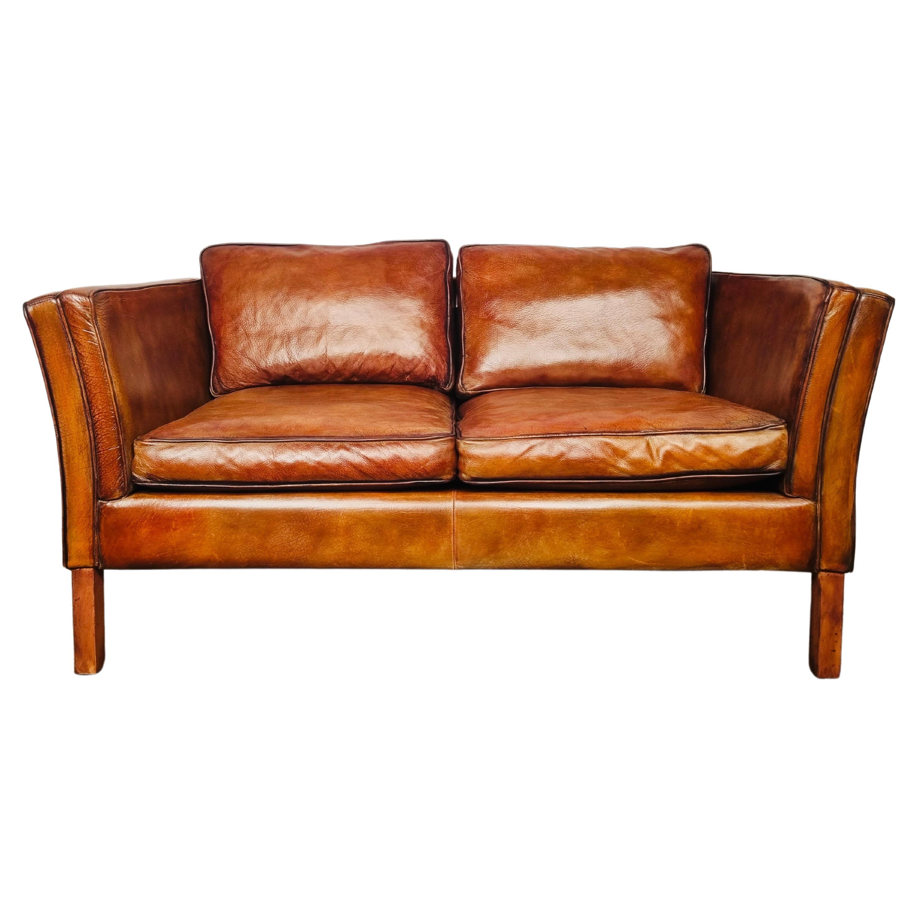 Neat Vintage Danish 70s Patinated Light Tan Two Seater Leather Sofa #679 For Sale