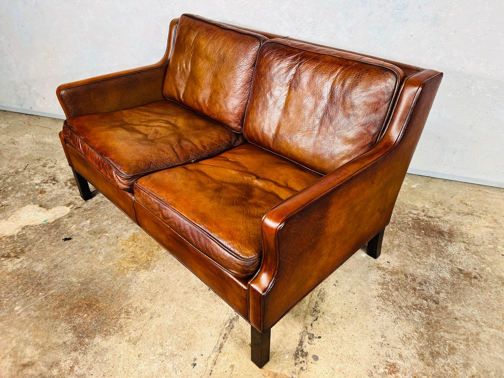 Neat Vintage Danish 1970s Patinated Tan Two Seater Leather Sofa For Sale 3