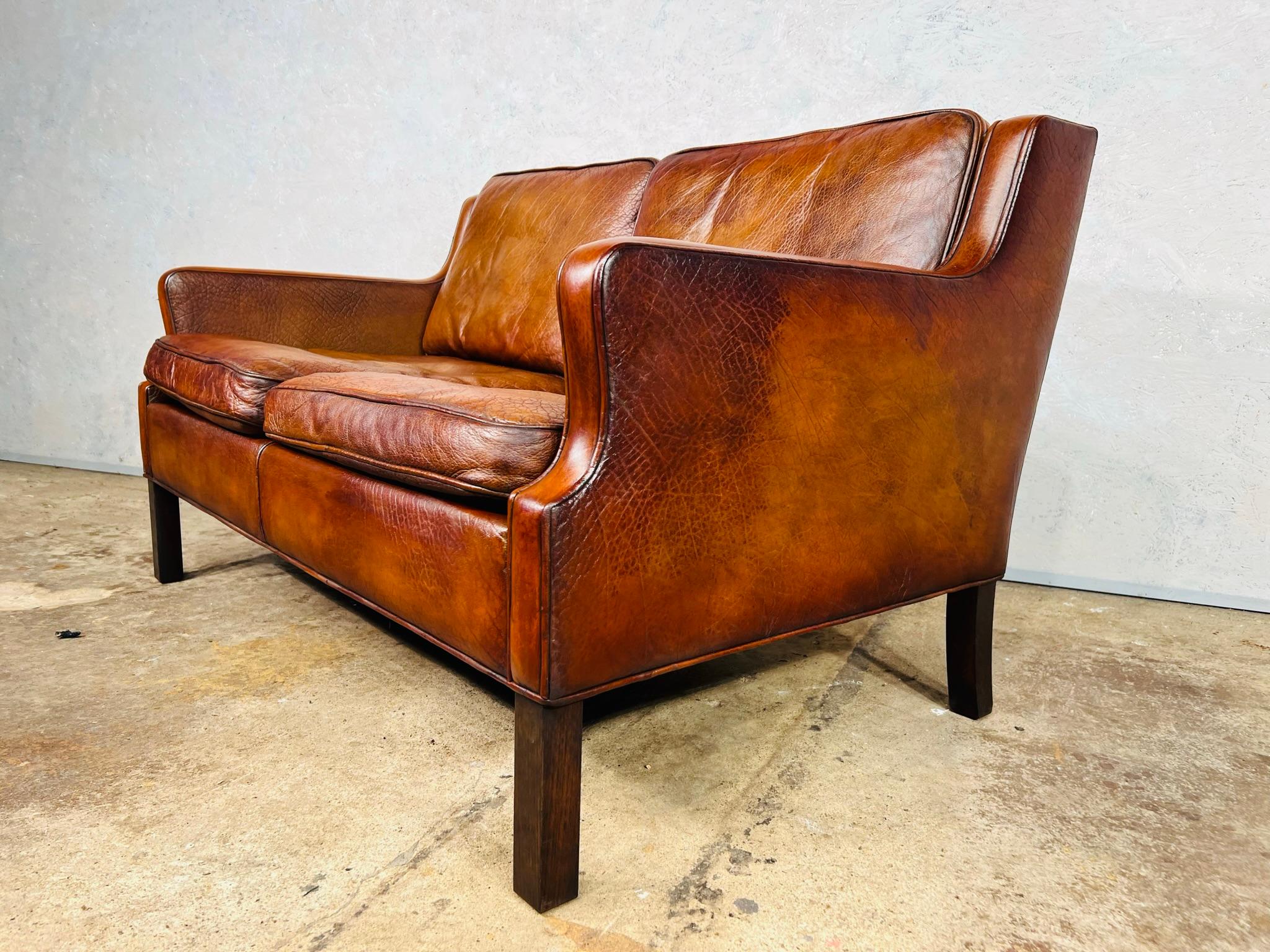 Neat Vintage Danish 1970s Patinated Tan Two Seater Leather Sofa For Sale 4