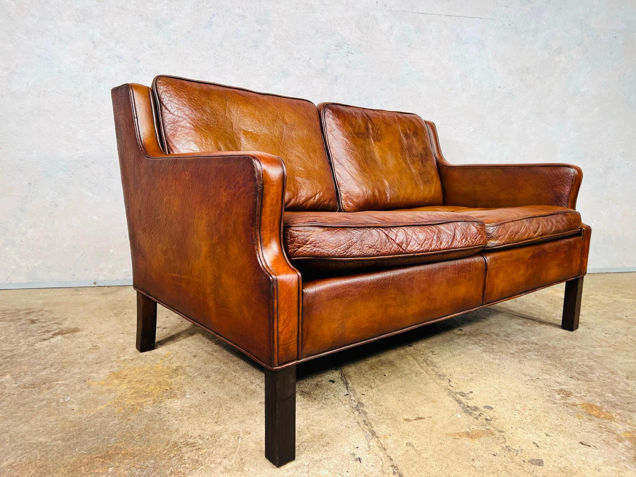 Neat Vintage Danish 1970s Patinated Tan Two Seater Leather Sofa For Sale 6