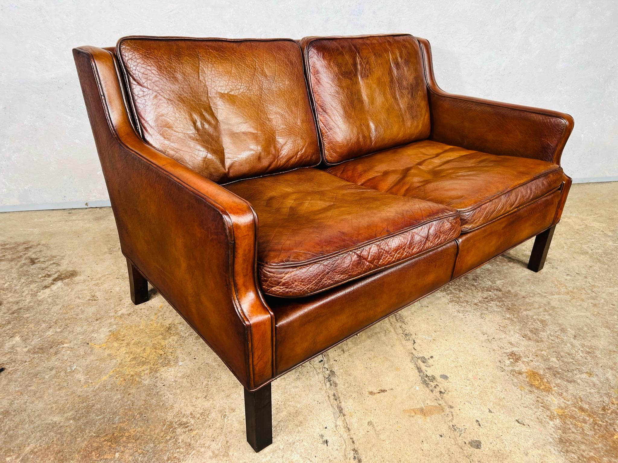 Neat Vintage Danish 1970s Patinated Tan Two Seater Leather Sofa For Sale 7
