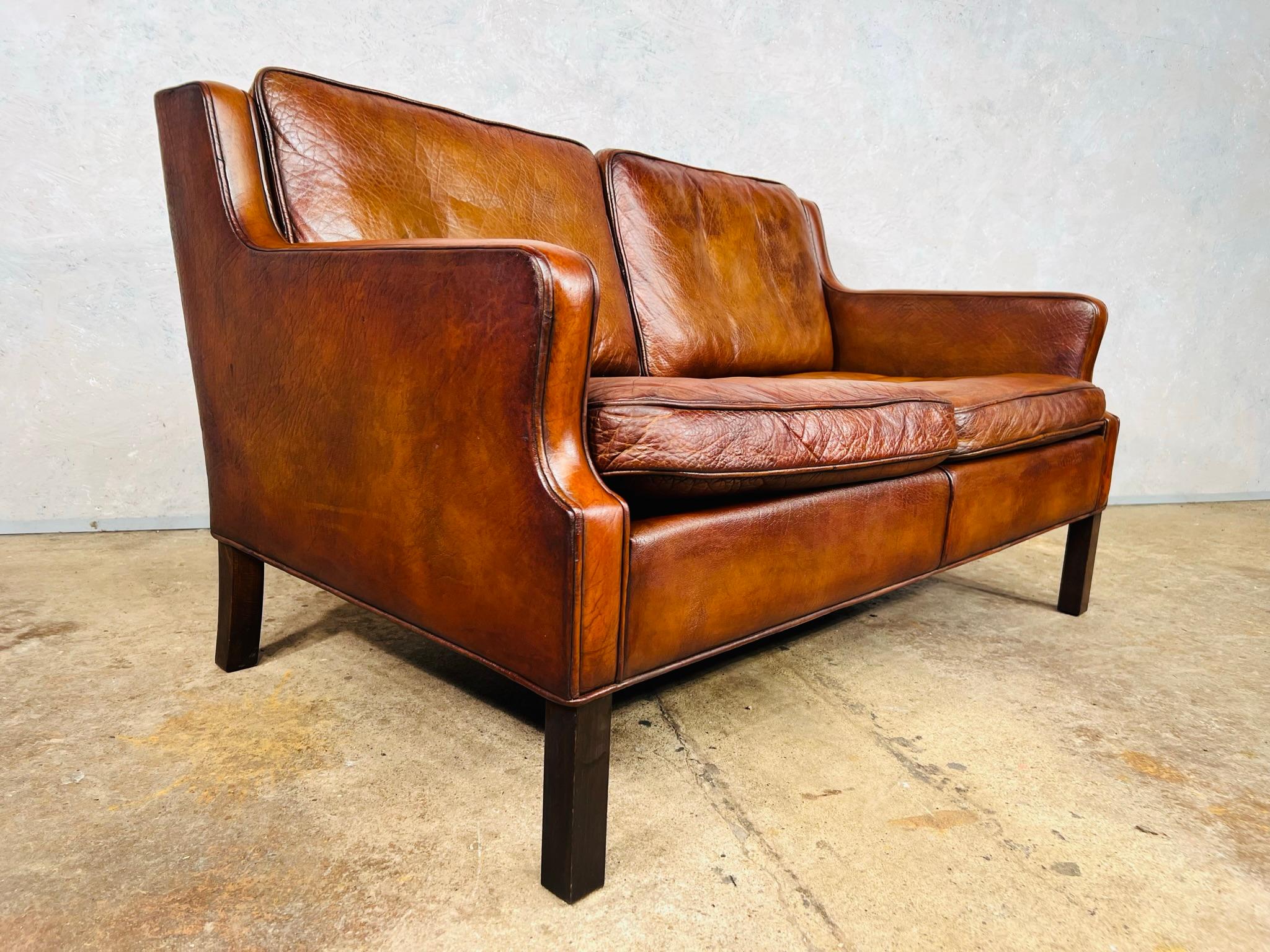 Neat Vintage Danish 1970s Patinated Tan Two Seater Leather Sofa For Sale 8