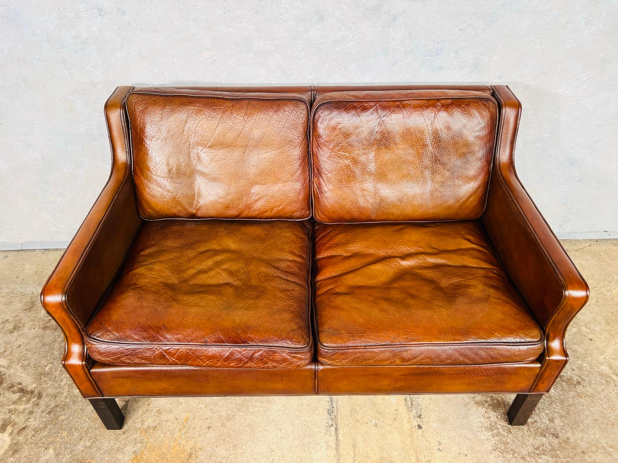 20th Century Neat Vintage Danish 1970s Patinated Tan Two Seater Leather Sofa For Sale