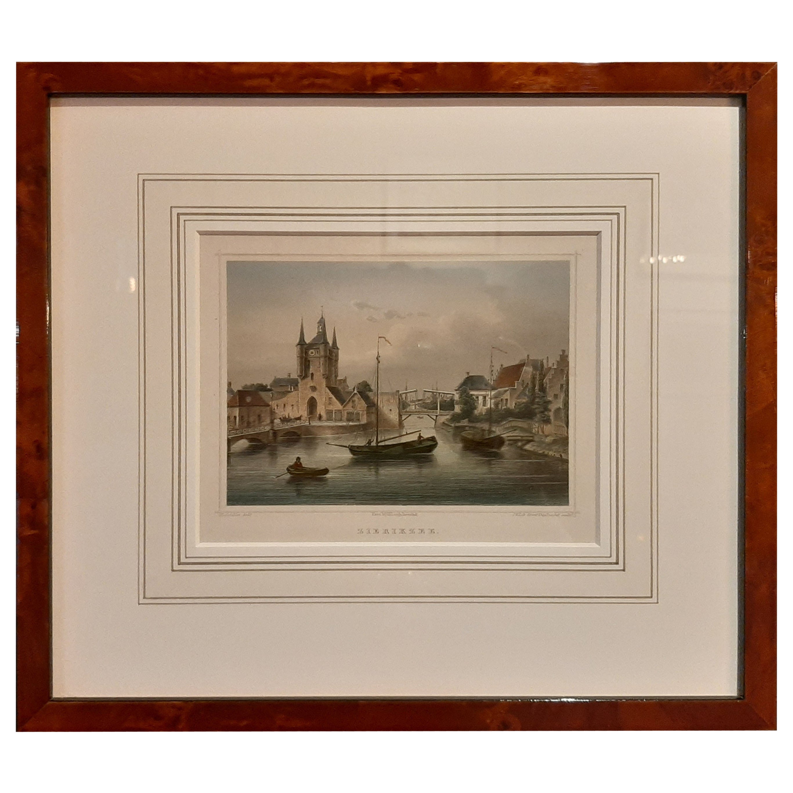 Klein gerahmte, dekorative, handkolorierte Ansicht von Zierikzee, Niederlande, 1858