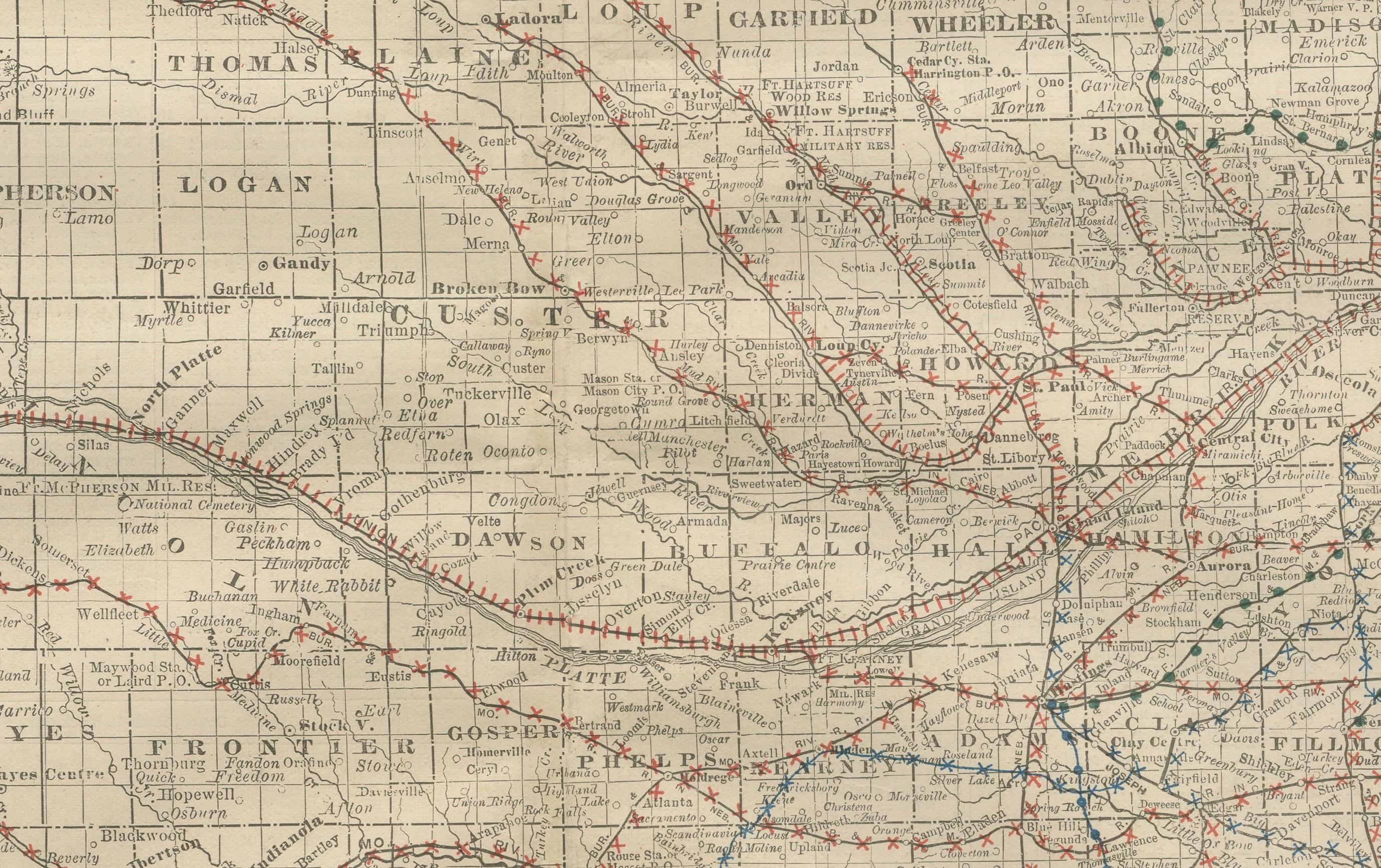Nebraska Railroad Map 1888 – Rand McNally Antique Lithograph

This finely detailed map of Nebraska, published by Rand, McNally & Co. in 1888, provides an excellent overview of the state at a pivotal moment in its development. Produced during the