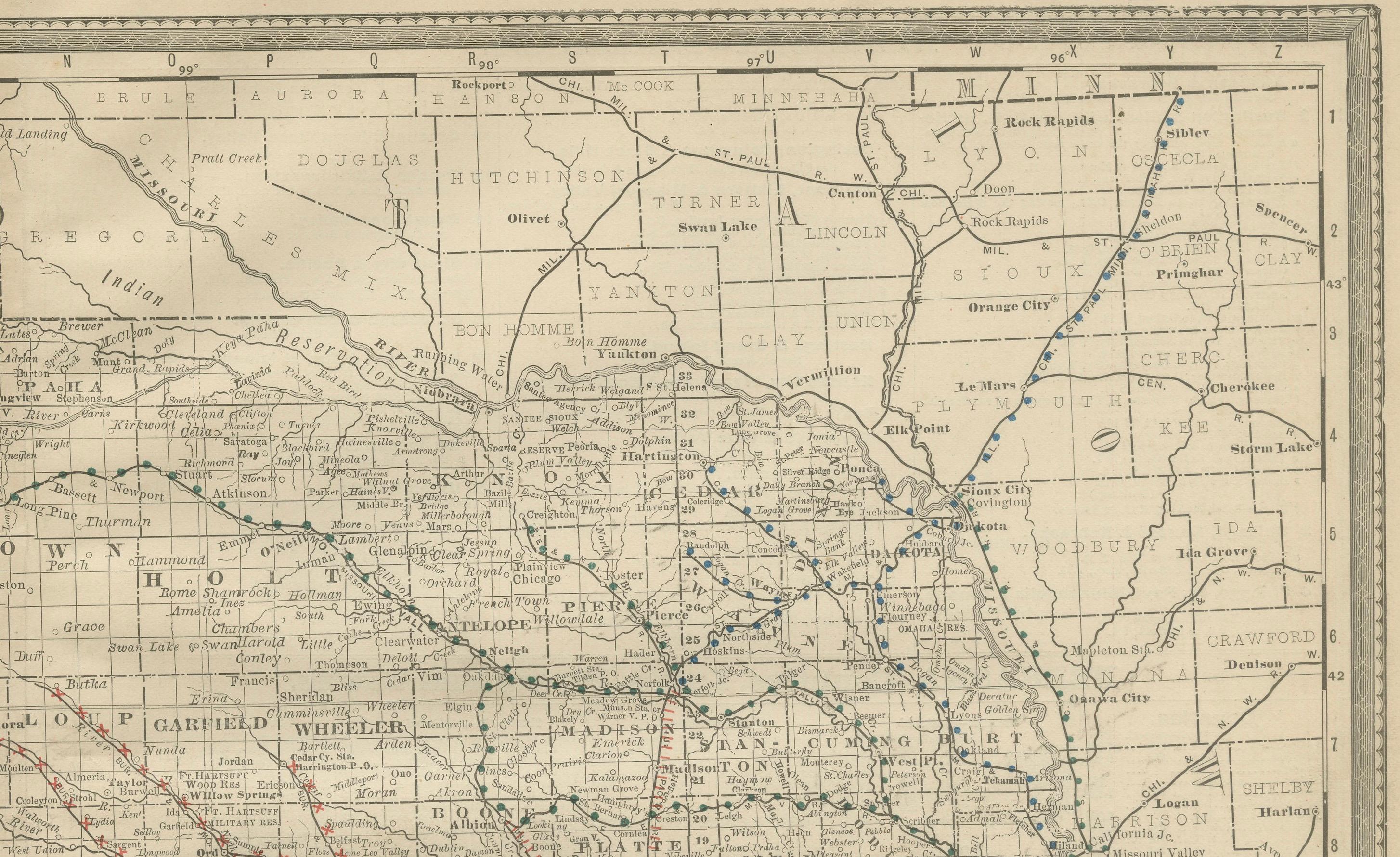 American Nebraska Railroad Map 1888 – Rand McNally Antique Lithograph For Sale