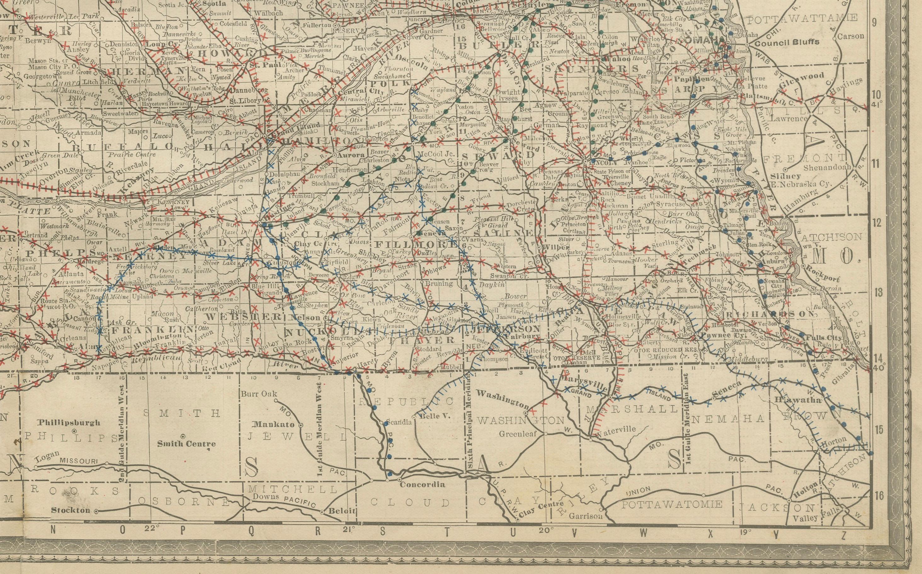 Engraved Nebraska Railroad Map 1888 – Rand McNally Antique Lithograph For Sale