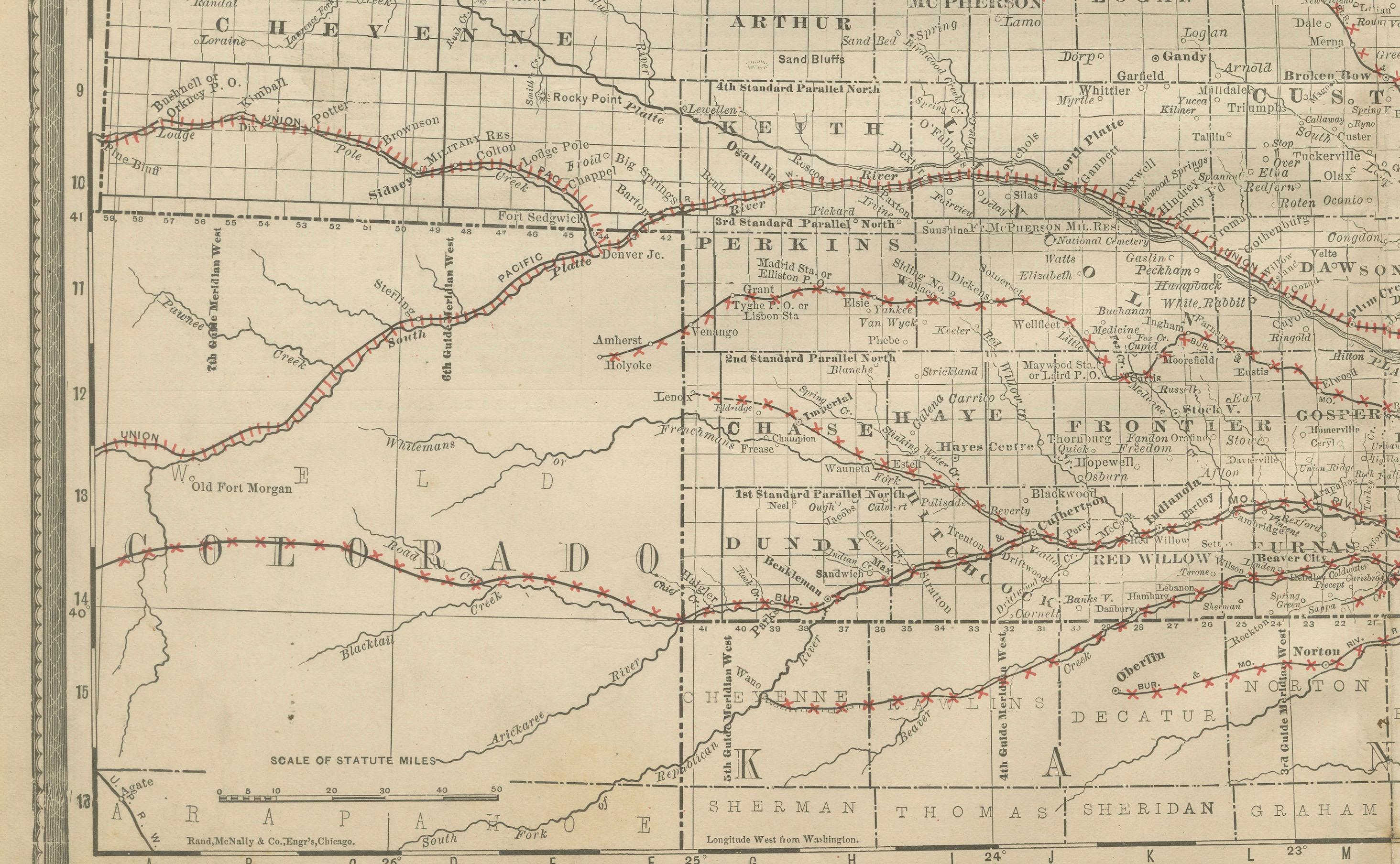 Nebraska Railroad Map 1888 – Rand McNally Antique Lithograph In Good Condition For Sale In Langweer, NL