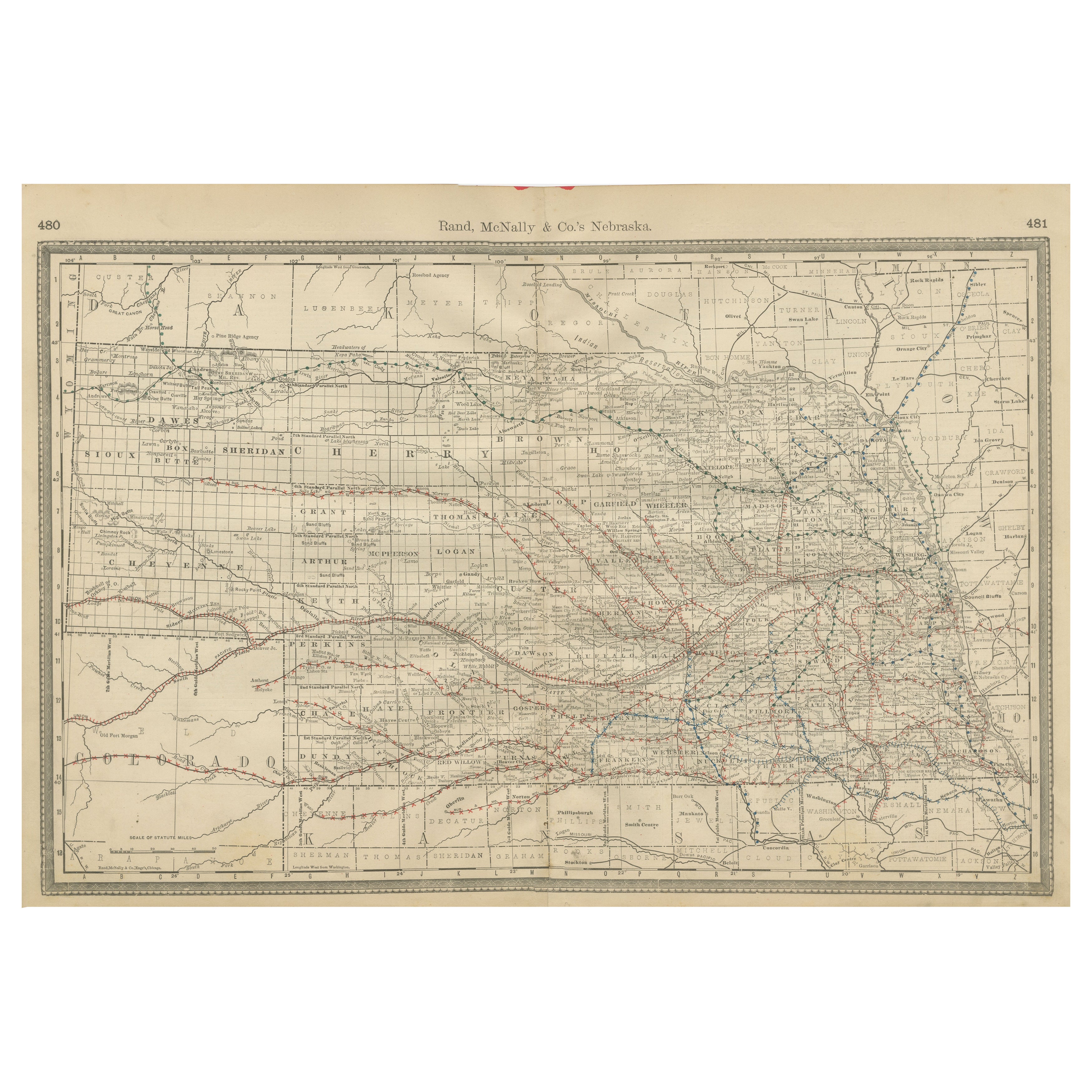 Mappa della ferrovia del Nebraska del 1888 - Litografia antica di Rand McNally