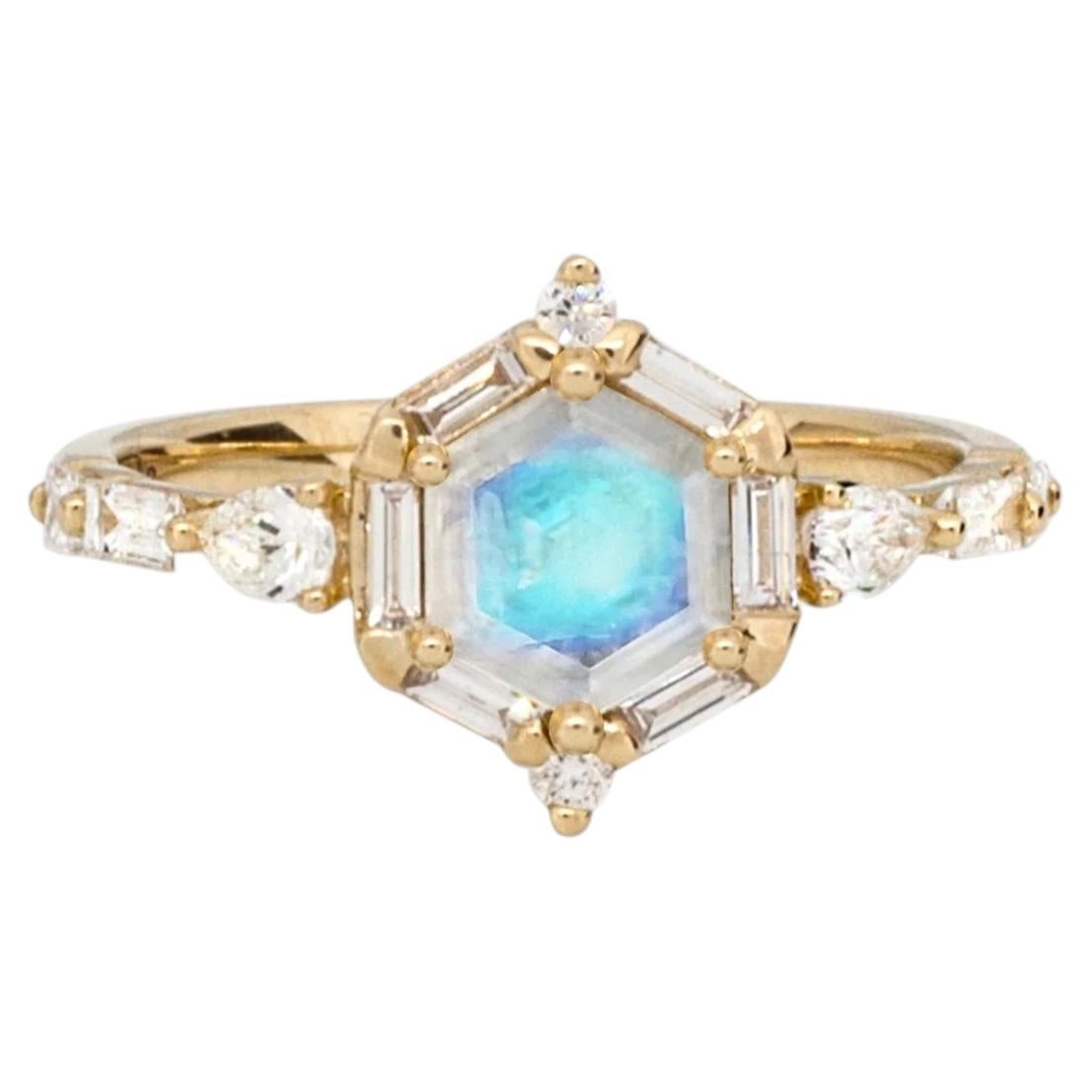 Nebula Hexagon Moonstone Engagement Ring in 14K Gold by Anastassia Sel Jewelry For Sale
