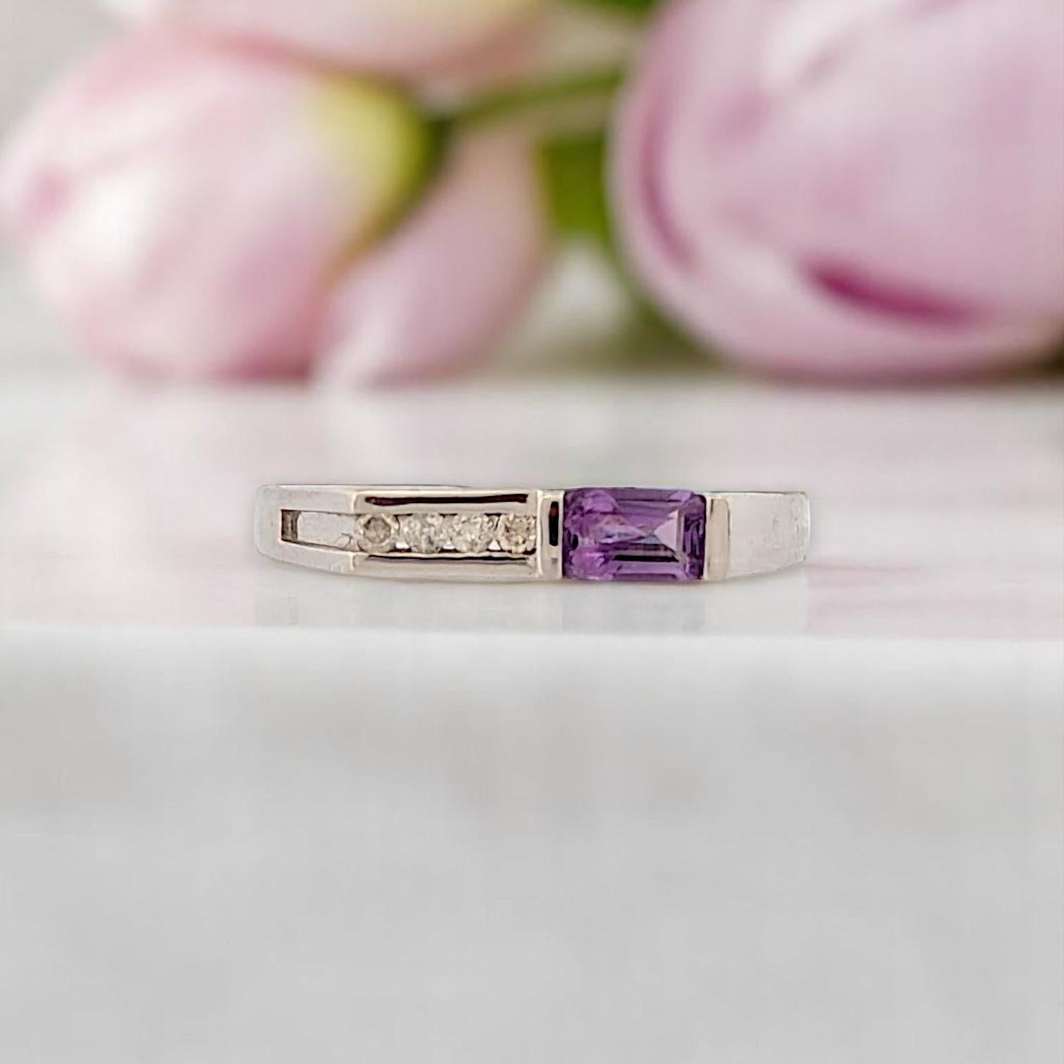 Nebula Ring  10k White Gold Diamond & Amethyst Ring  Dainty Jewelry, Size 7 In New Condition In Greeneville, TN