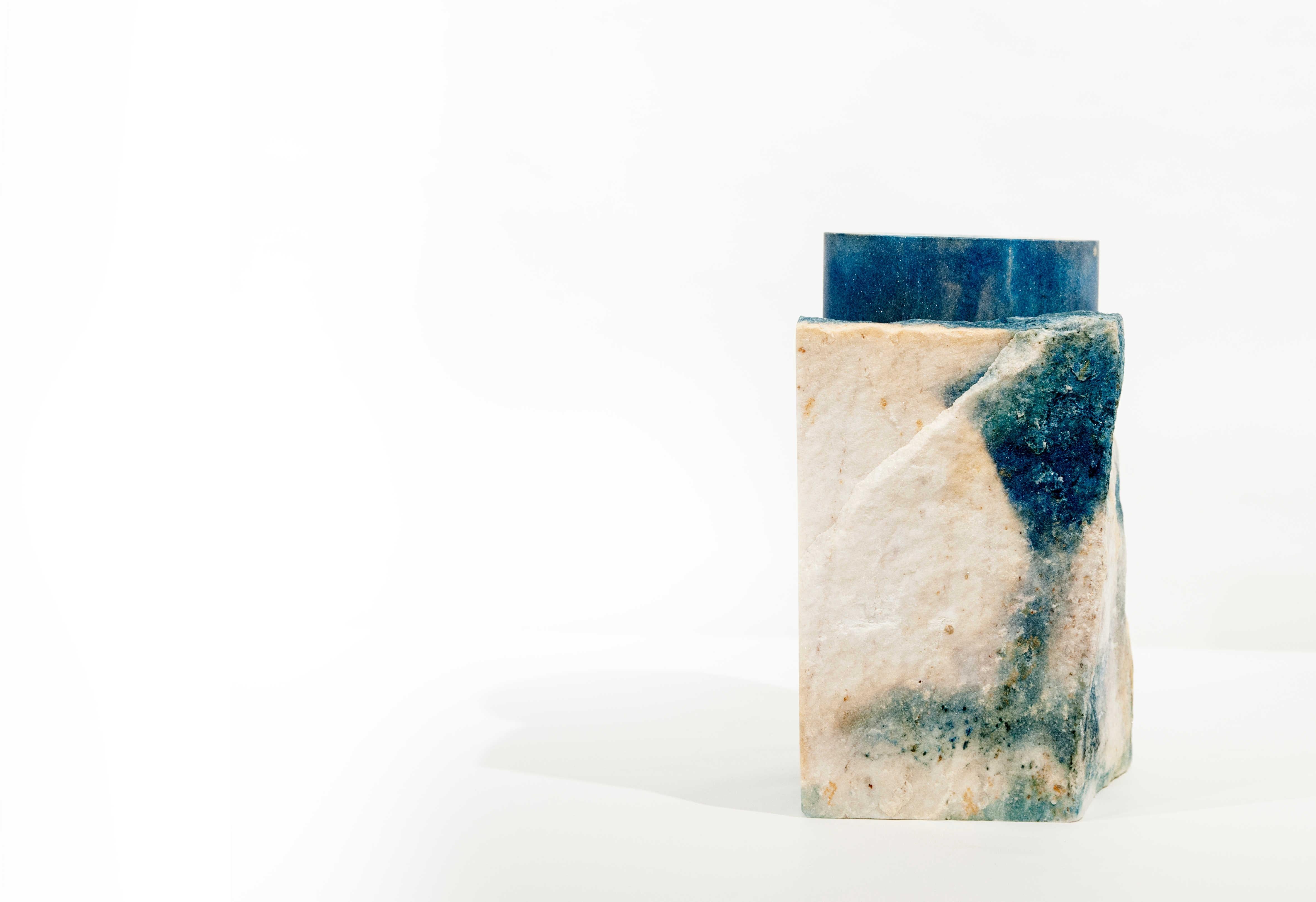 Nebula, one-of-a-kind, home decor vase in palissandro marble + cyanotype. 
Polar star of the project: practicing sober and essential interventions, in balance between spontaneity and intentionality, aimed at emerging the expressive identity of the