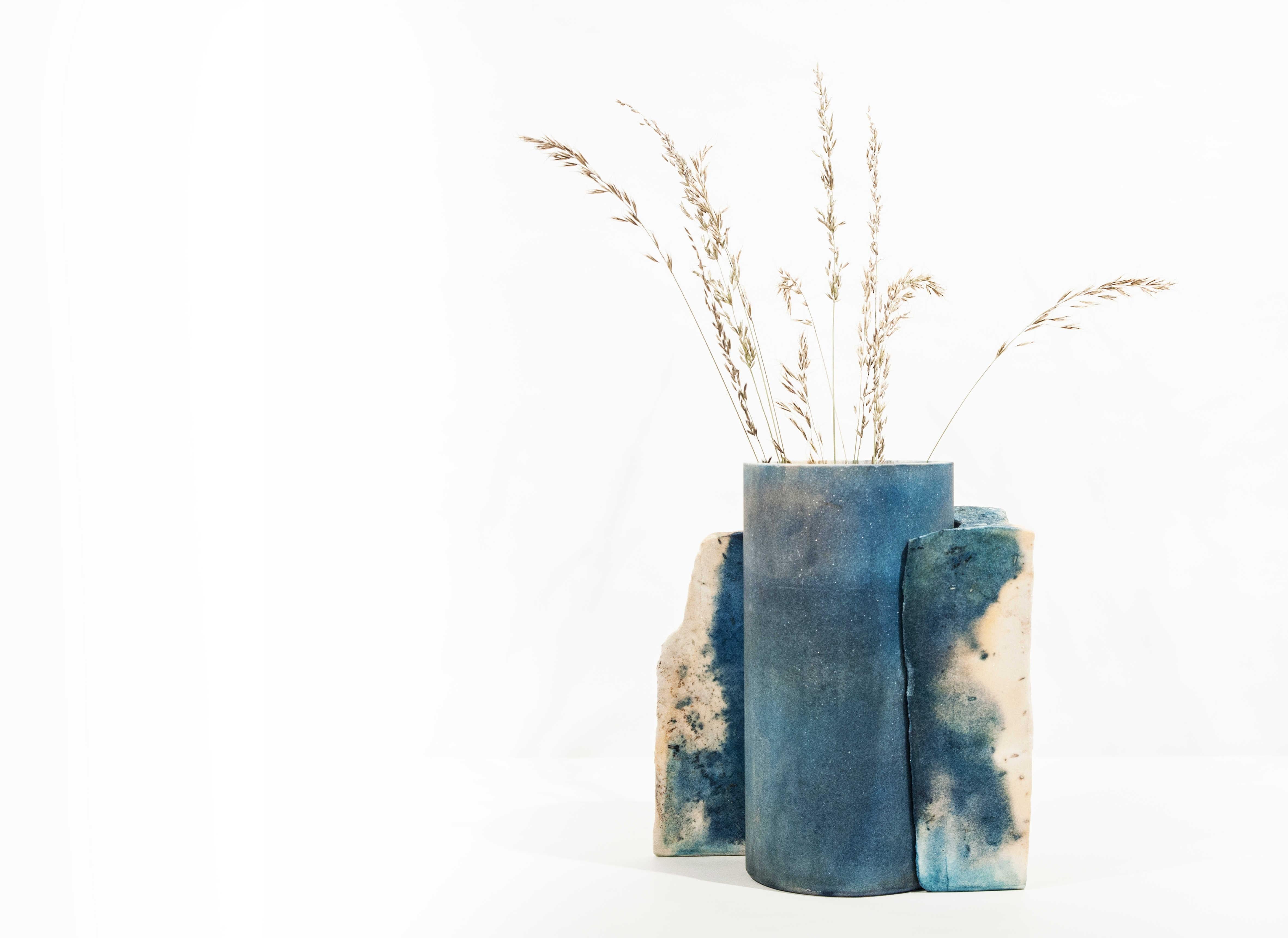 Italian nebula Teti Home Decor Vase in palissandro marble + cyanotype For Sale