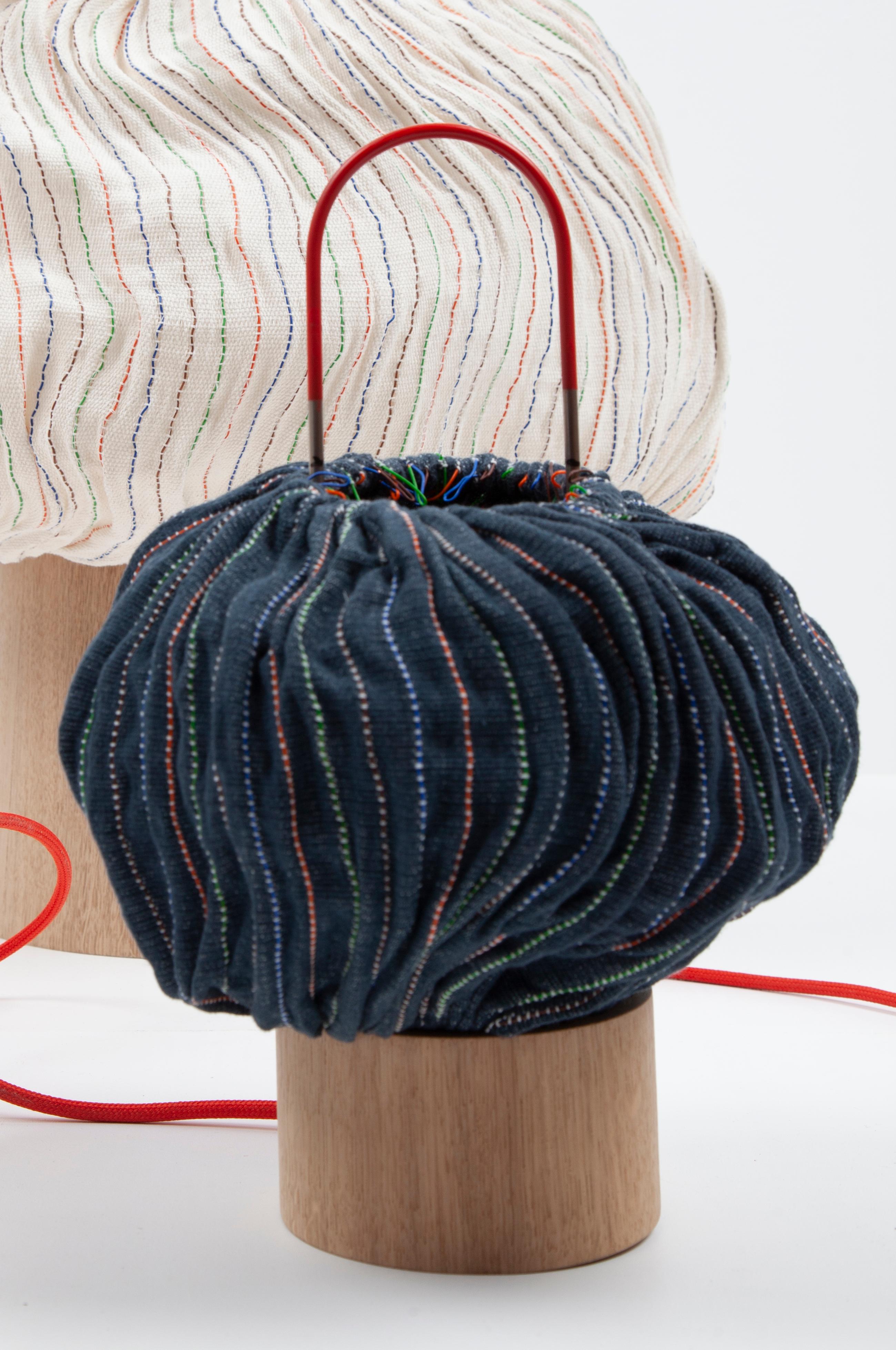 Hand-Woven small size Nebule with a wooden base and dark cotton lampshade For Sale
