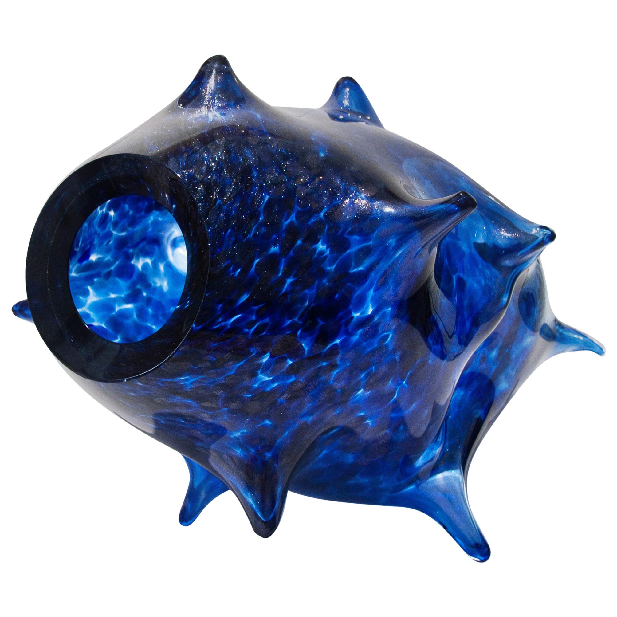 Unique Nebulosa Contemporary Hand Blown Murano Glass Blue Vase by Ermes For Sale
