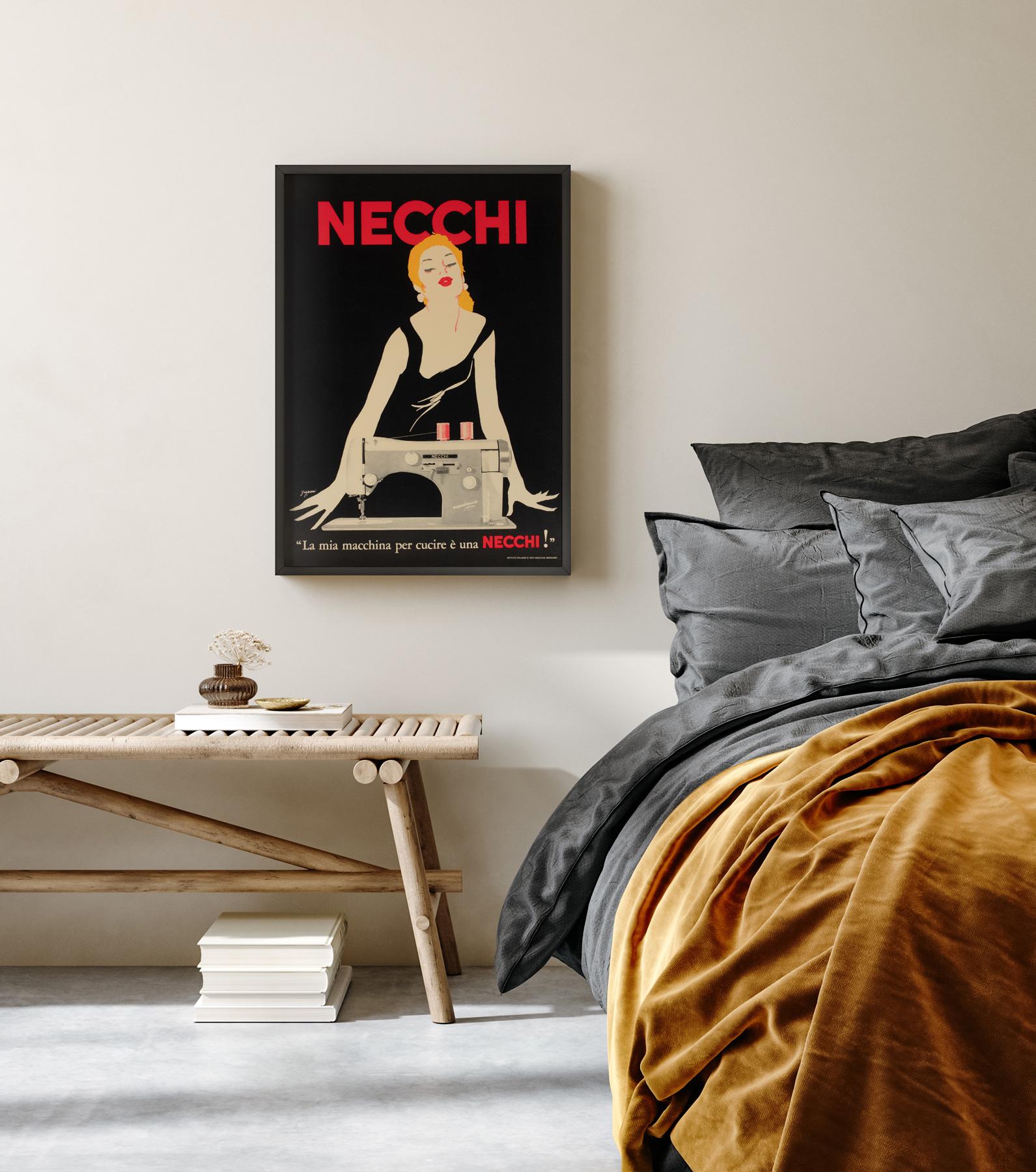 We love this 1980s Italian advertising poster for sewing machine brand Necchi. Sewing has never looked more fabulous!

This vintage poster has been professionally linen-backed and is sized 13 1/2 x 18 3/4 inches (plus a little with the linen). It