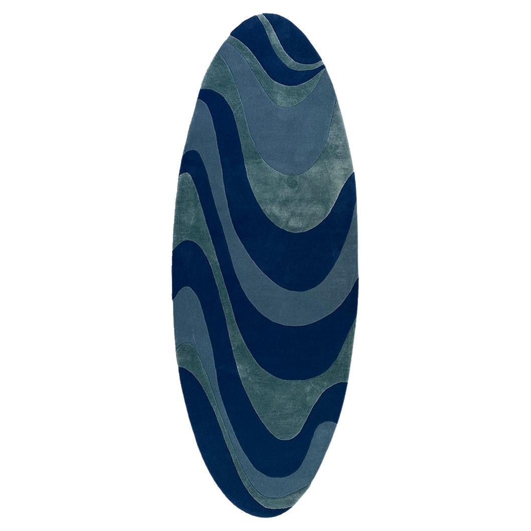 Rug Necessity Wool Carpet blue oval wavy modern hand tufted turquoise water calm For Sale