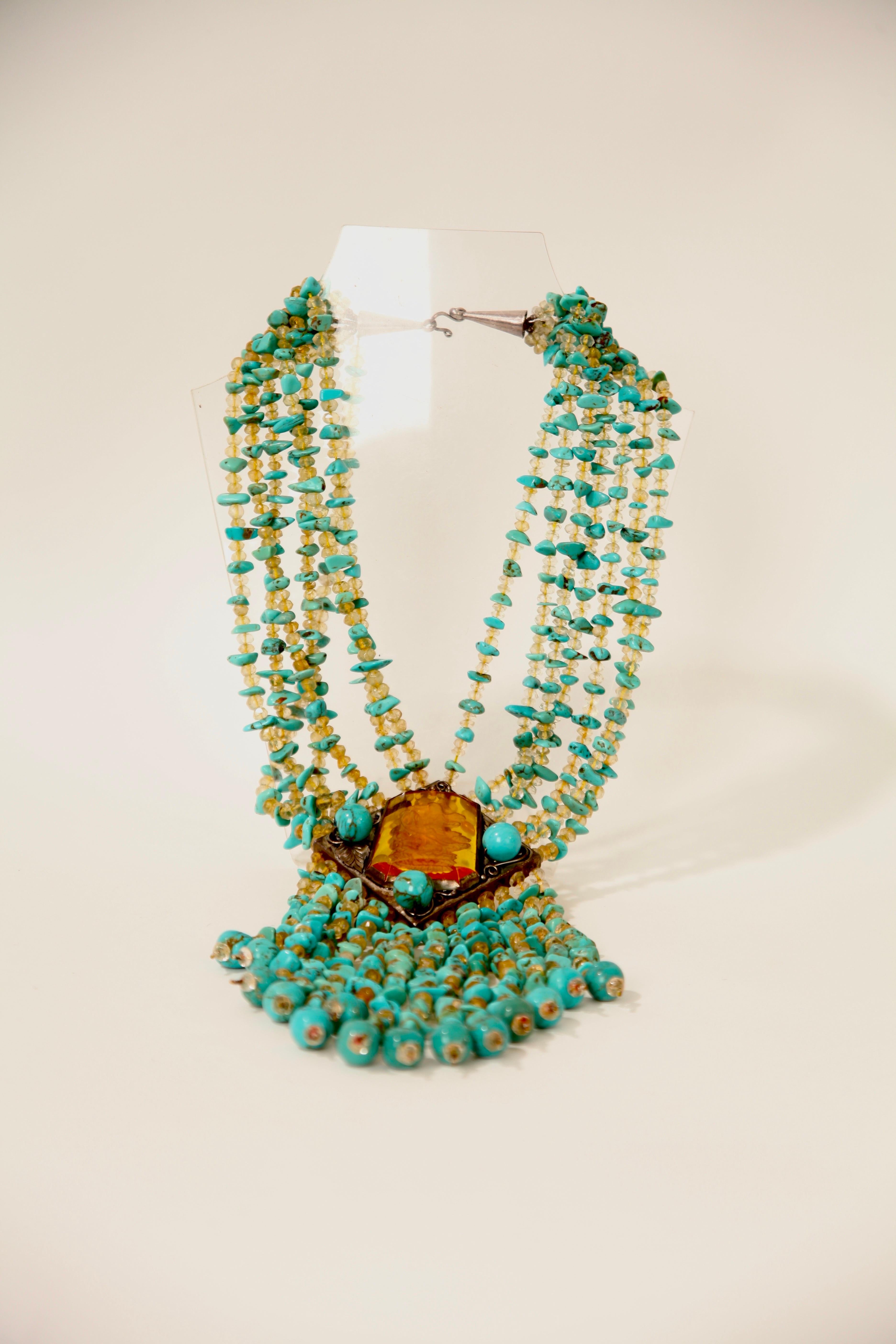 Neck Piece made of amber and turquoise. Circa 1970s In Good Condition For Sale In London, GB