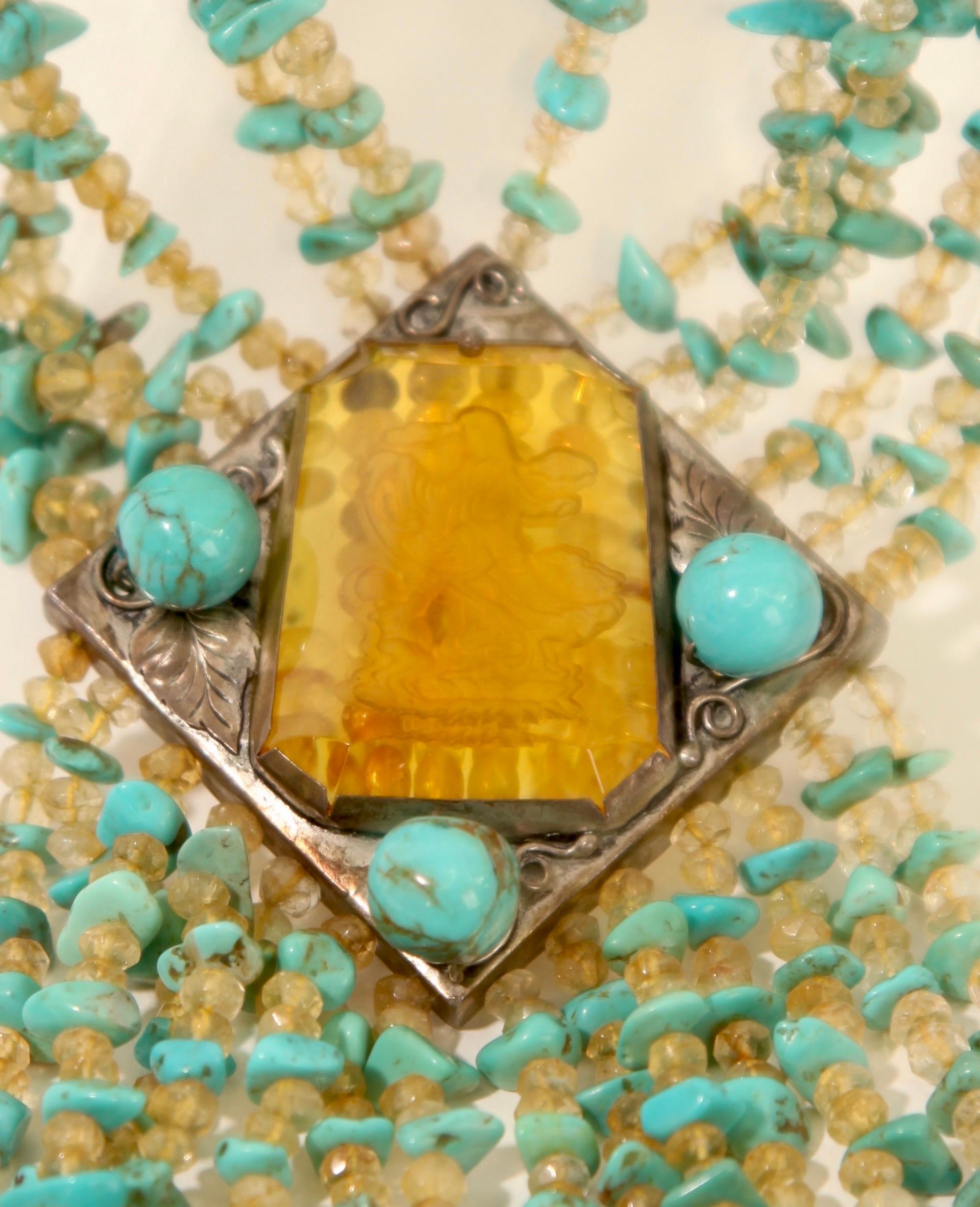 Women's or Men's Neck Piece made of amber and turquoise. Circa 1970s For Sale