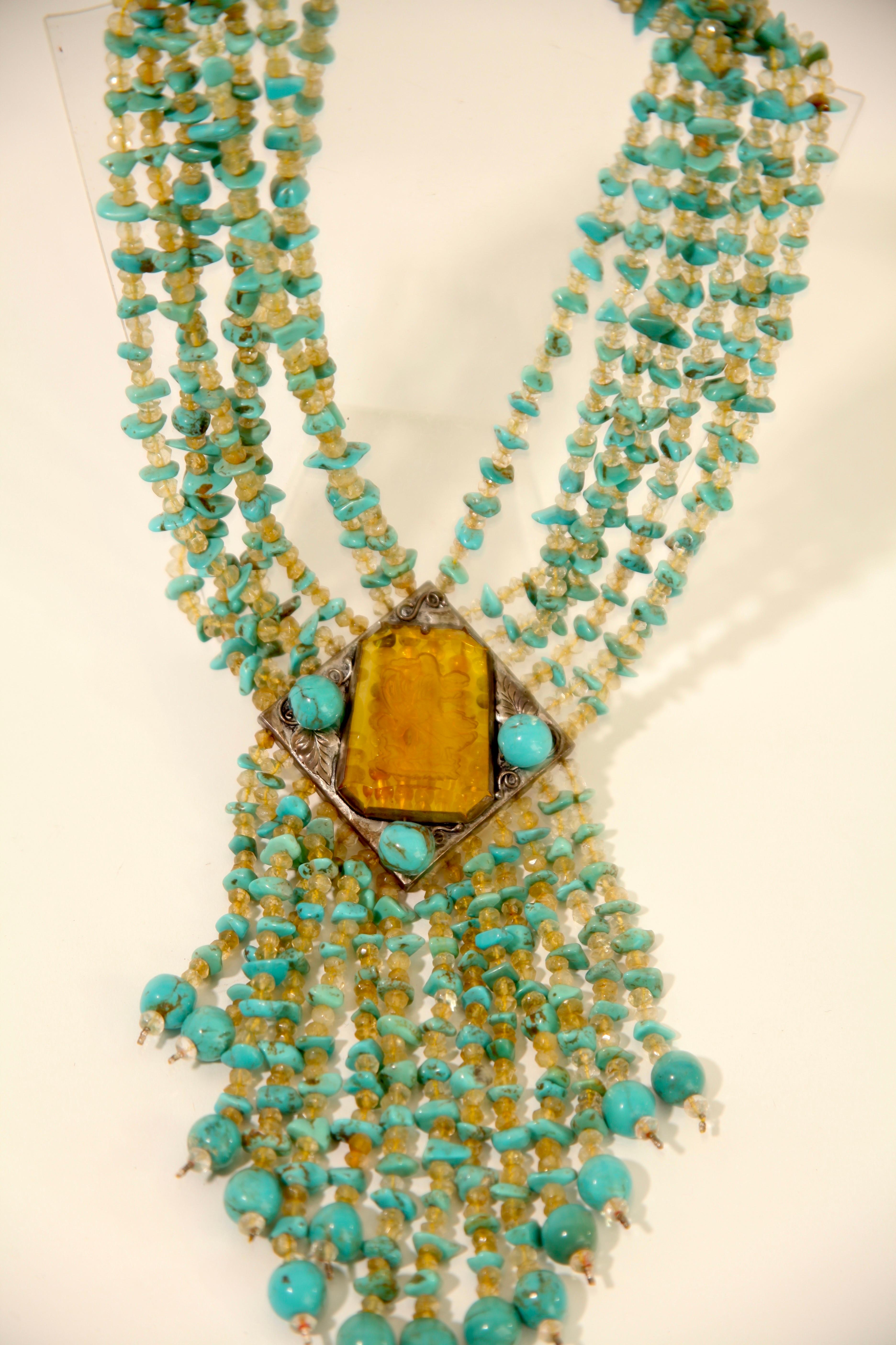 Neck Piece made of amber and turquoise. Circa 1970s For Sale 1