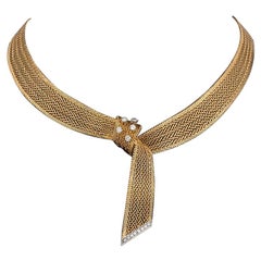 Vintage Necklace 18 Karat Gold and Diamond Set Scarf Design Necklace circa 1950 French