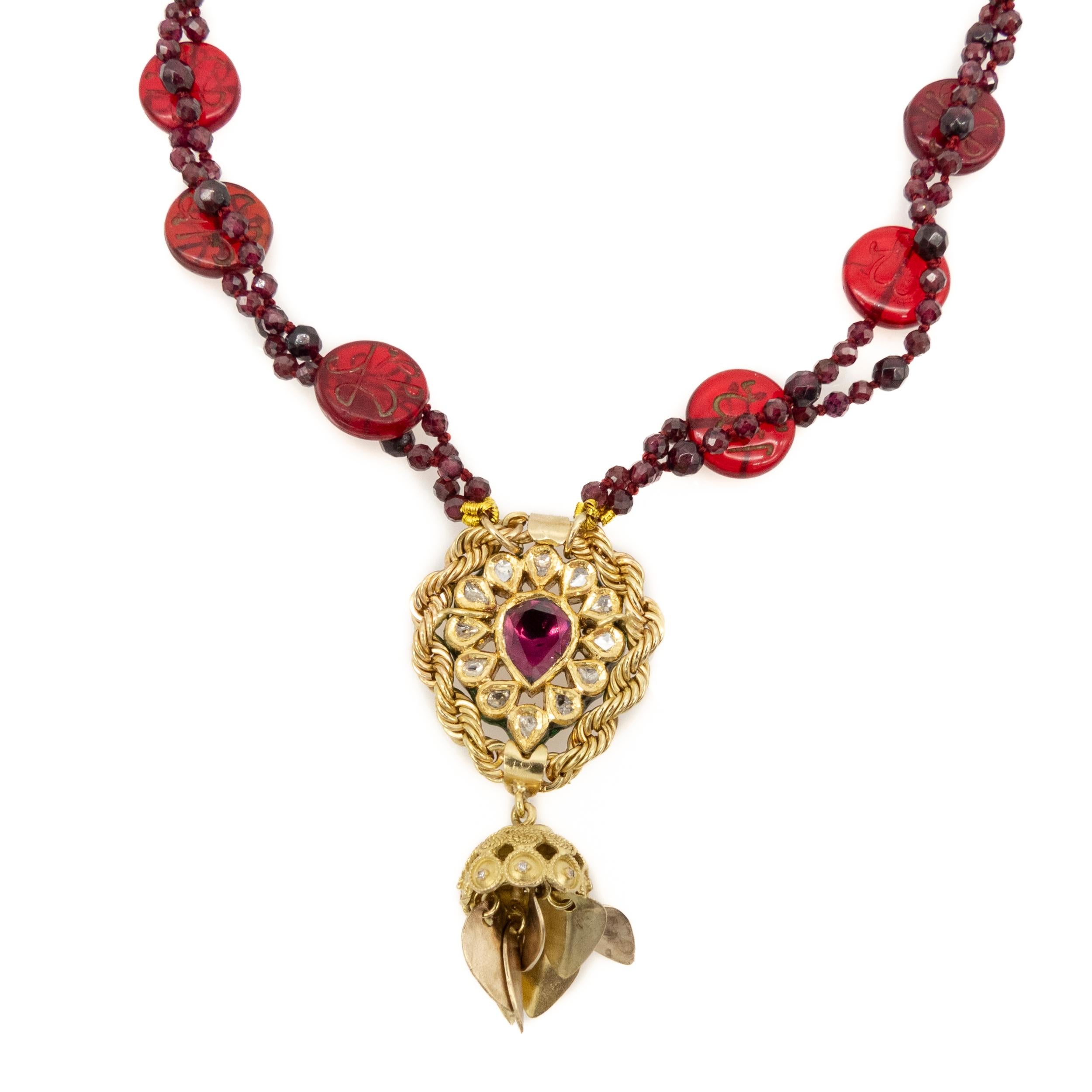 Modern Necklace 18 Karat Gold Diamonds Enamel Garnets Glass Etched Arabic Calligraphy