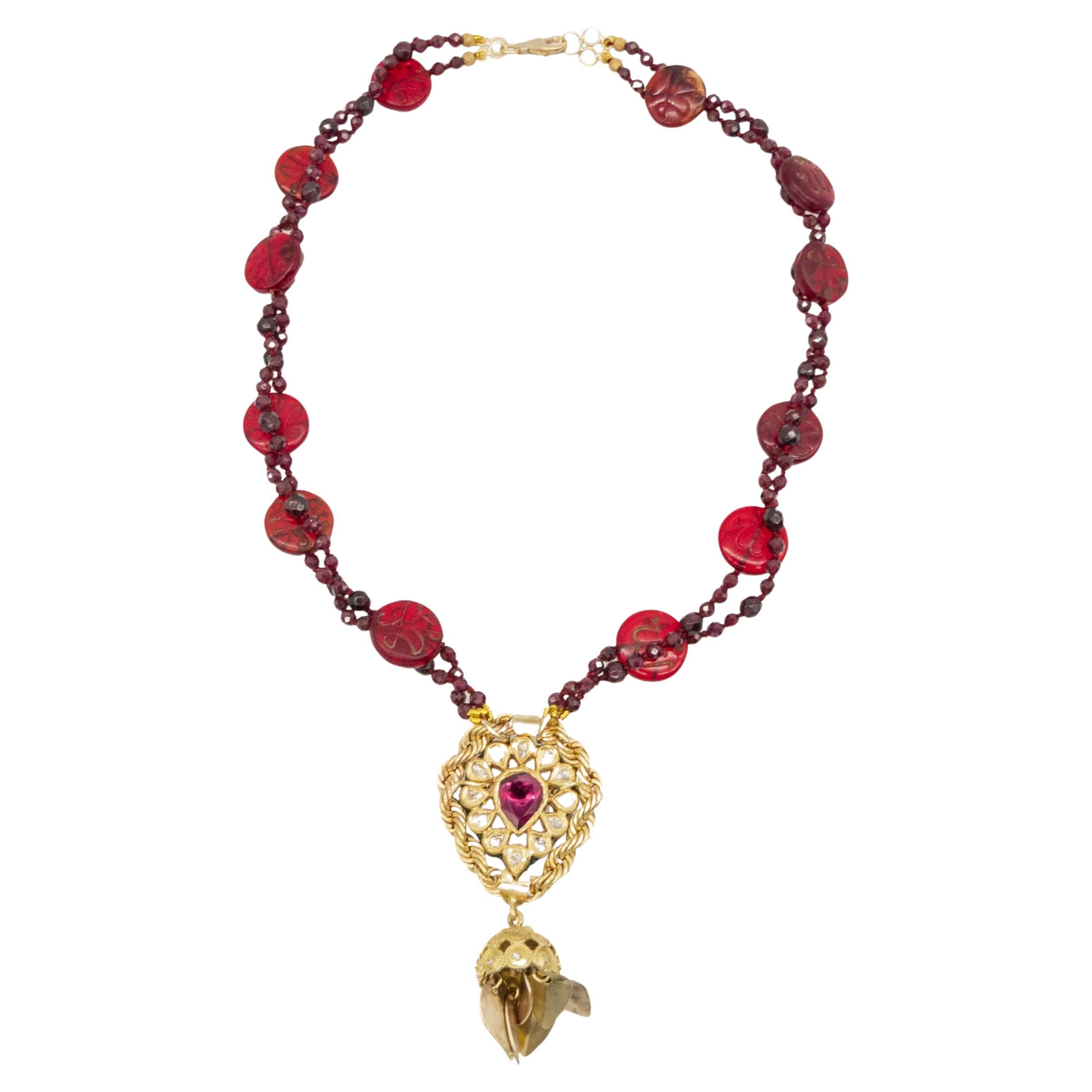 Necklace 18 Karat Gold Diamonds Enamel Garnets Glass Etched Arabic Calligraphy