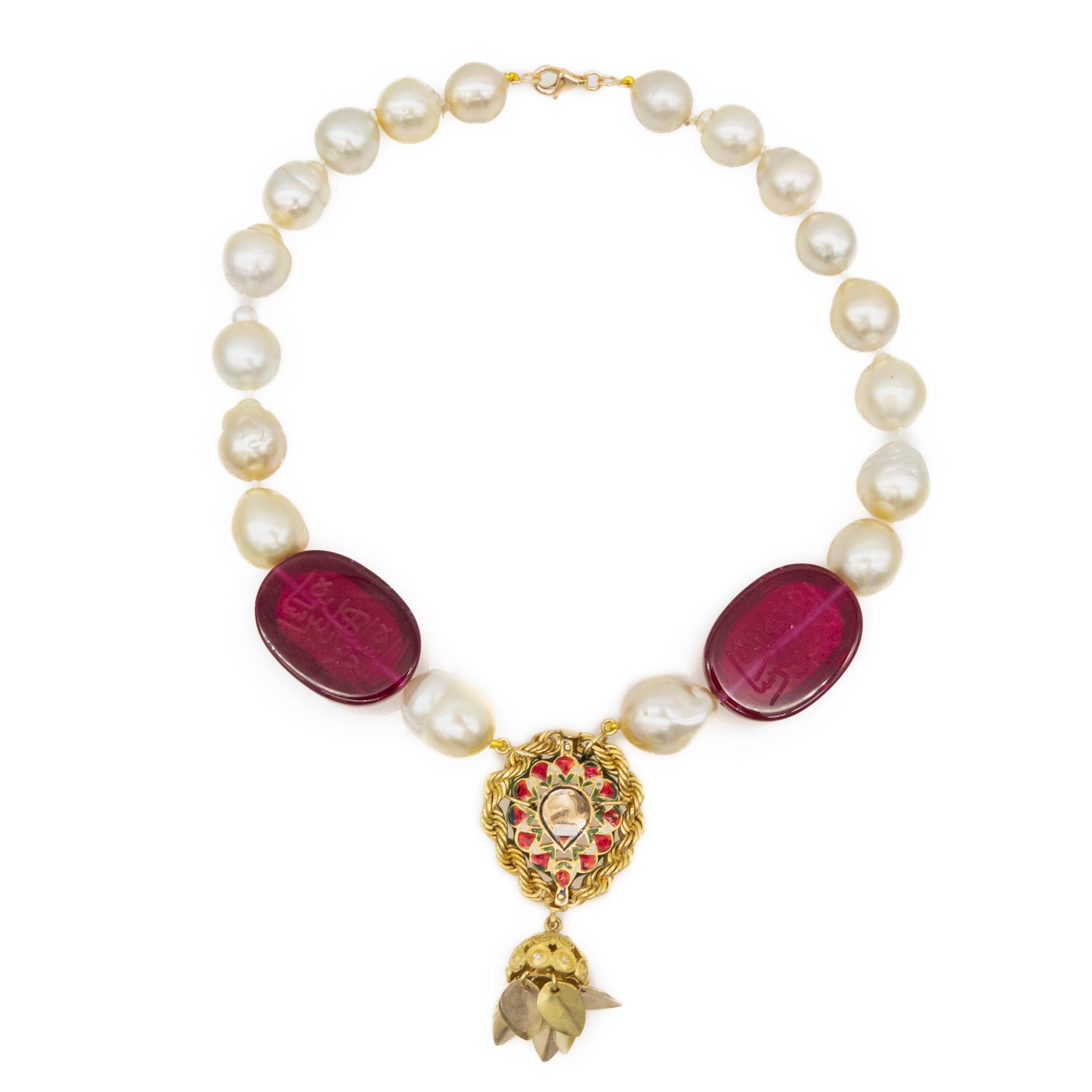 Modern Necklace 18 Karat Gold Rubellite Natural Pearl Diamonds Enamel Vicente Gracia For Sale