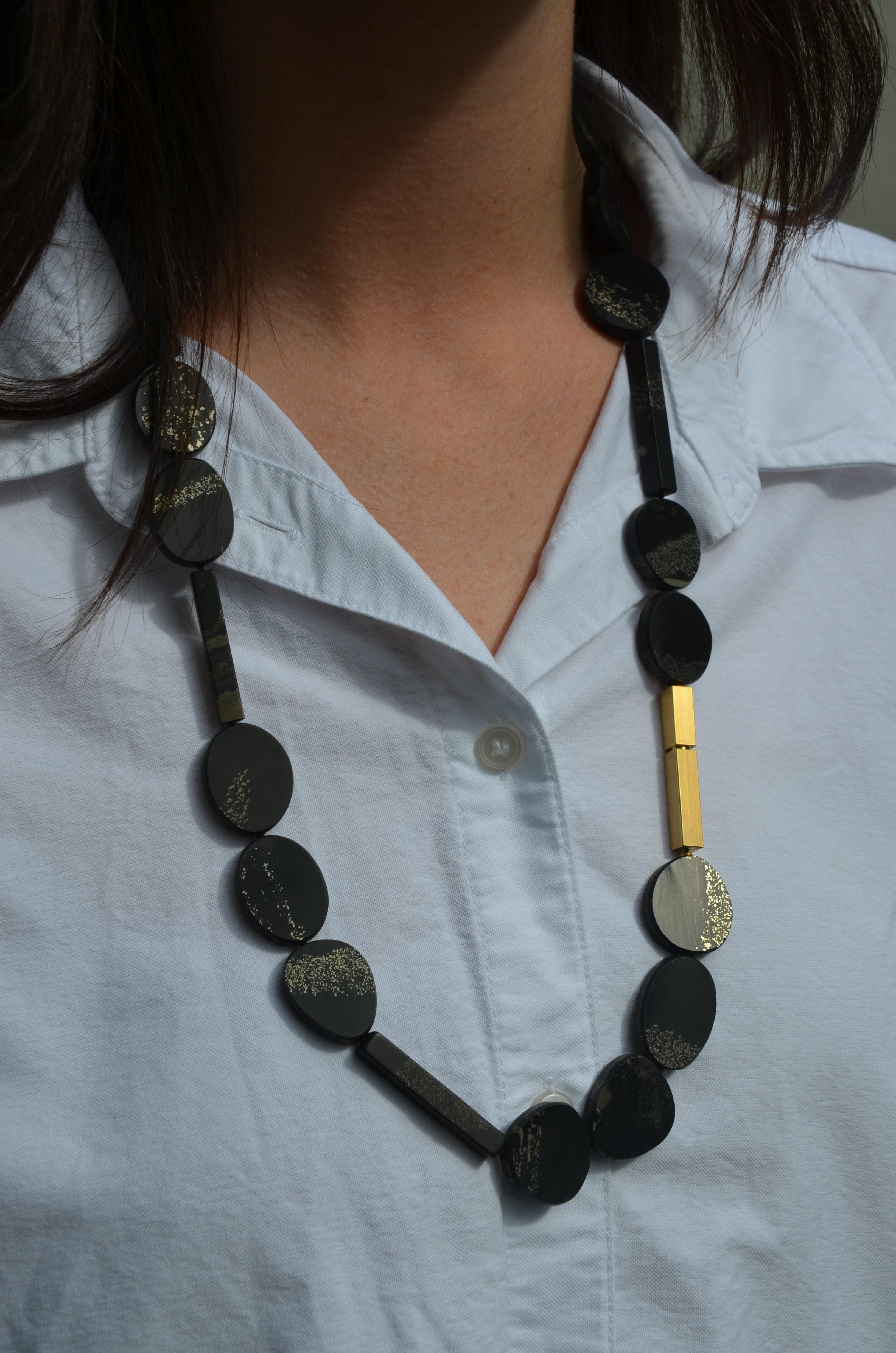 Women's or Men's Contemporary 18 Karat Yellow Gold Slate Pyrite Necklace For Sale