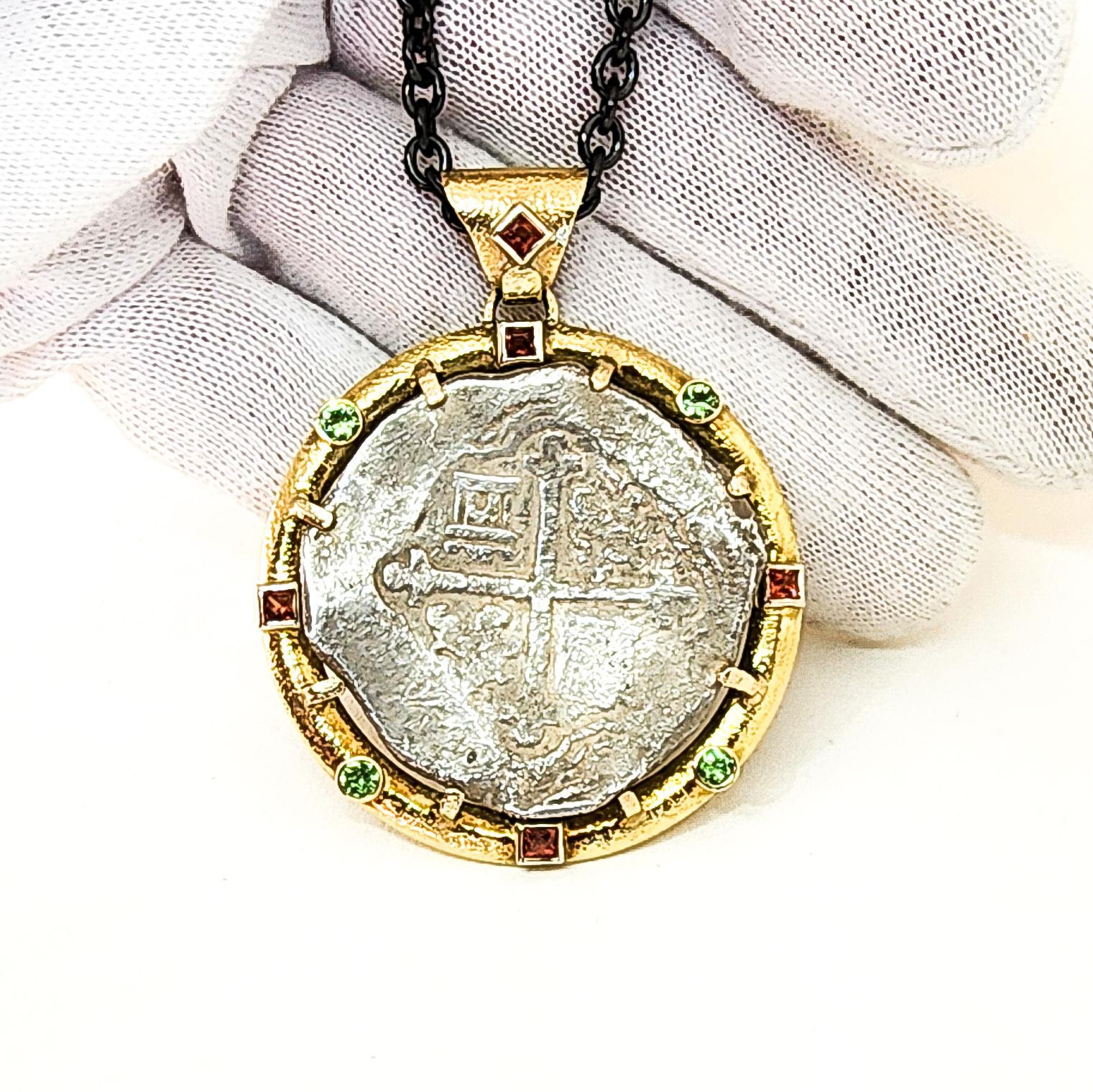 Necklace 18K Yellow Gold Gems Da Gama Treasure Certified Shipwreck Silver Coin  For Sale 2