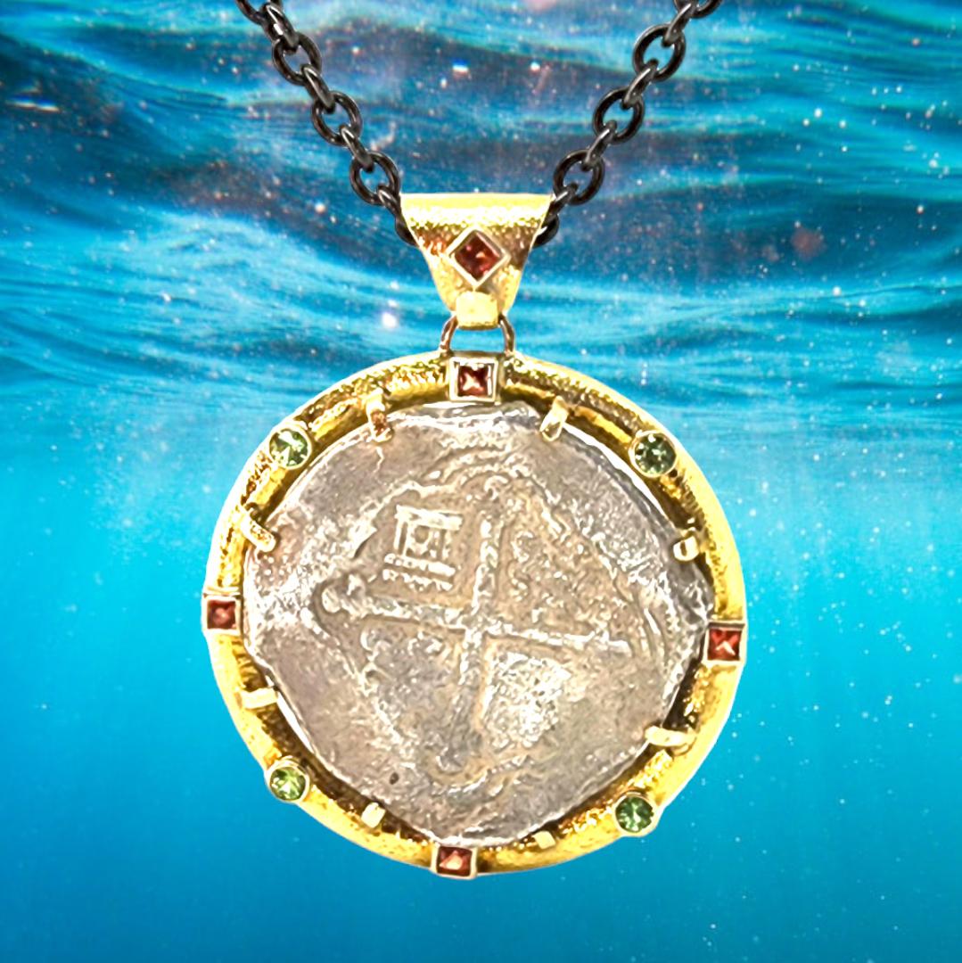 Necklace 18K Yellow Gold Gems Da Gama Treasure Certified Shipwreck Silver Coin  For Sale 11