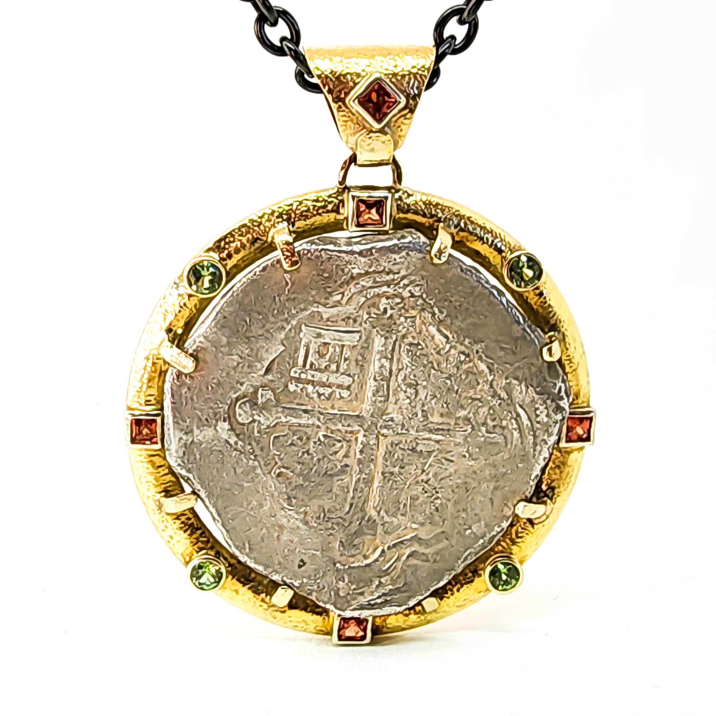 Brilliant Cut Necklace 18K Yellow Gold Gems Da Gama Treasure Certified Shipwreck Silver Coin  For Sale