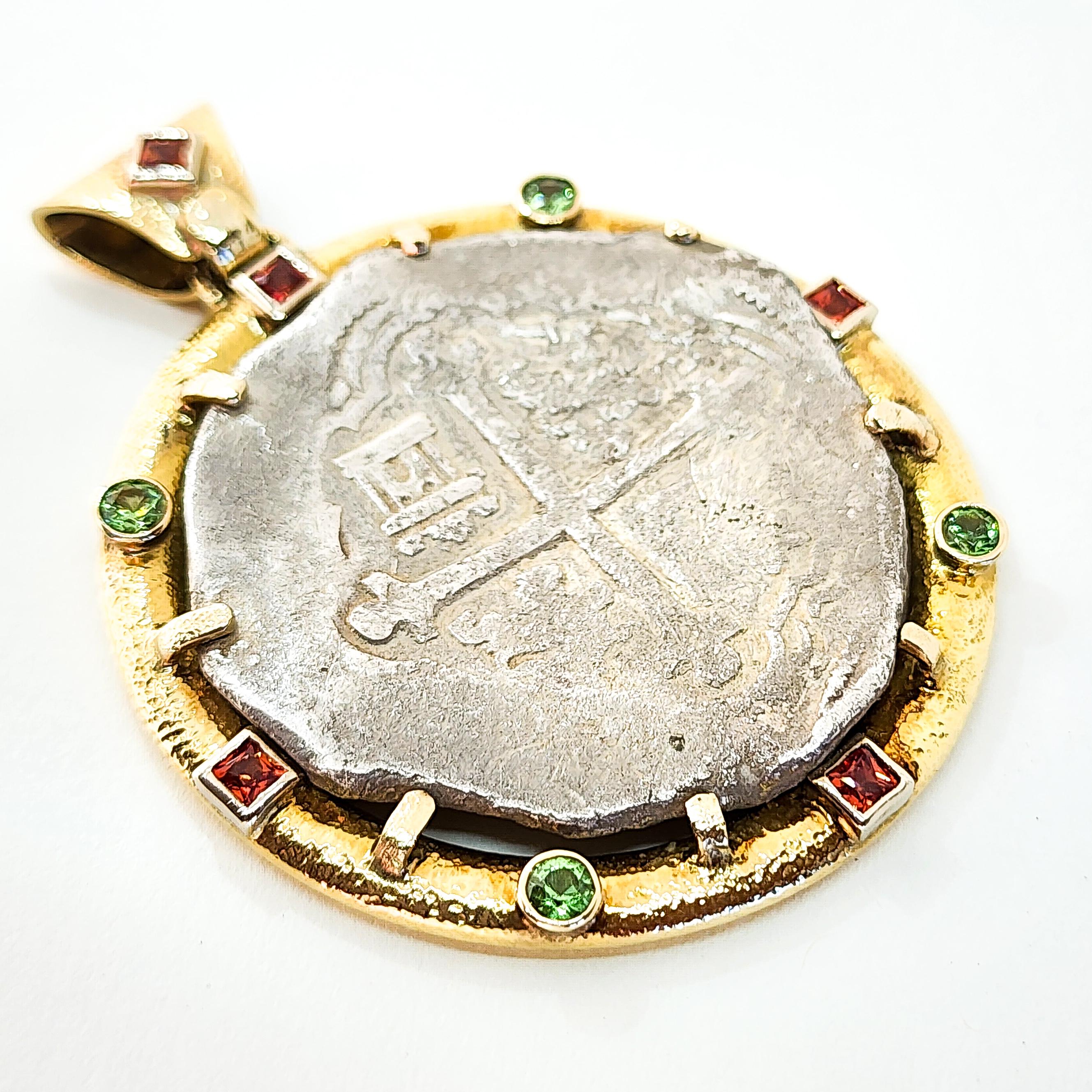Women's or Men's Necklace 18K Yellow Gold Gems Da Gama Treasure Certified Shipwreck Silver Coin  For Sale