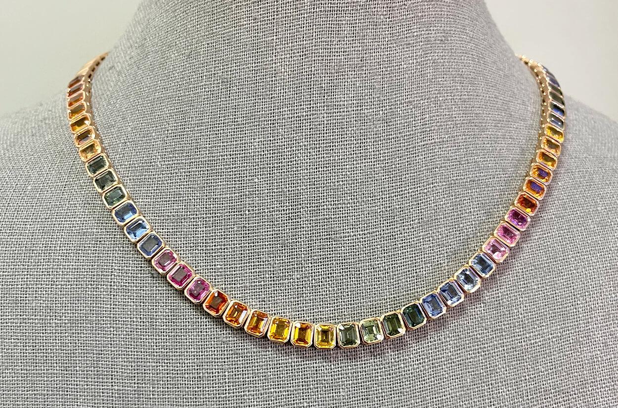 Contemporary Necklace 18kt Gold Multicolor Octagon Sapphires Tennis For Sale