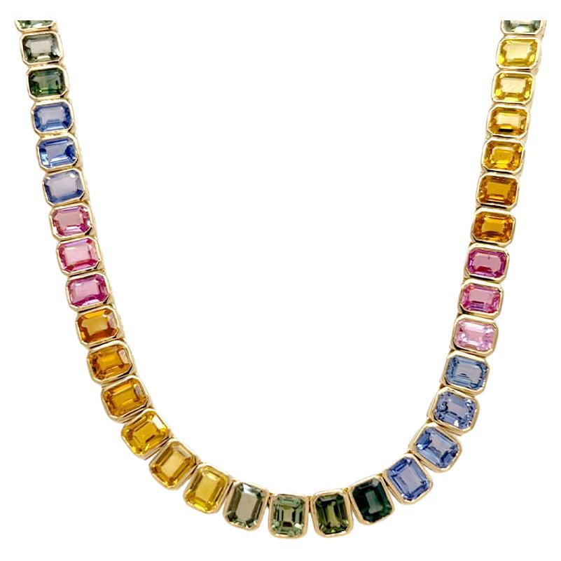 Halskette 18kt Gold Mehrfarbige achteckige Saphire Tennis im Angebot
