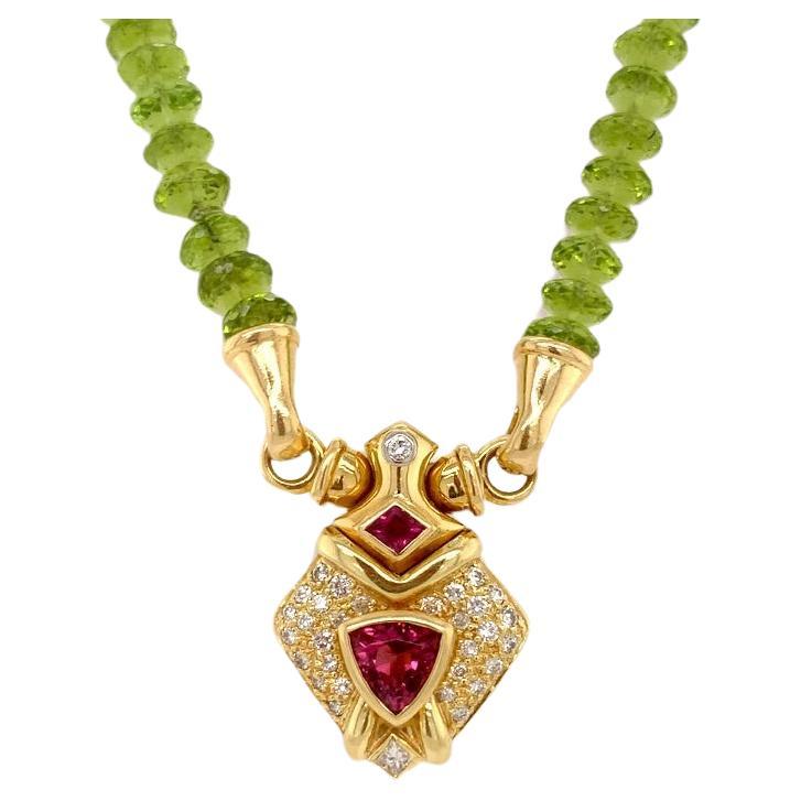 Necklace 18kt Gold Peridot & Tourmaline For Sale