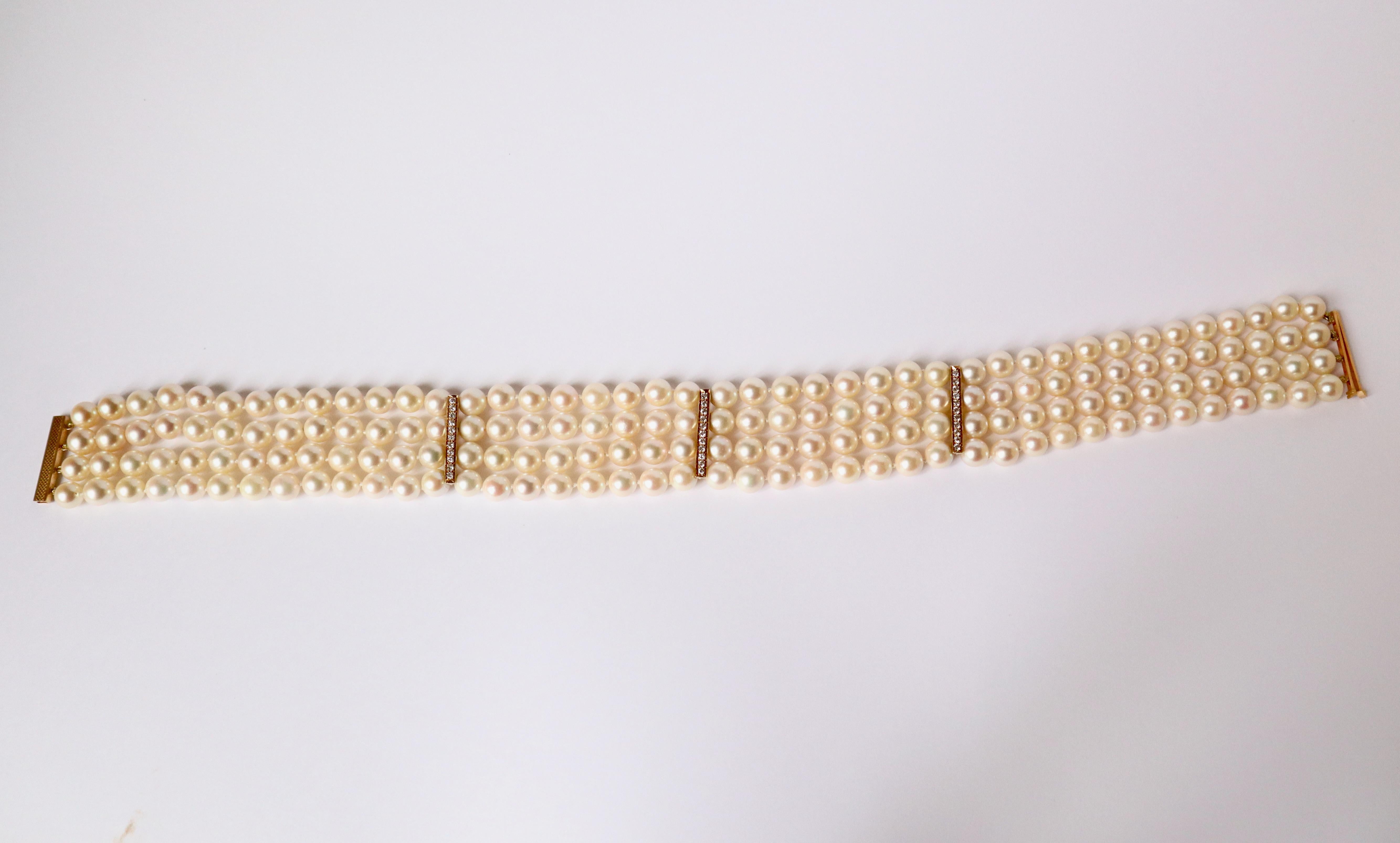 Collana 4 file di perle e oro giallo 18 carati, diamanti 1960 In condizioni buone in vendita a Paris, FR