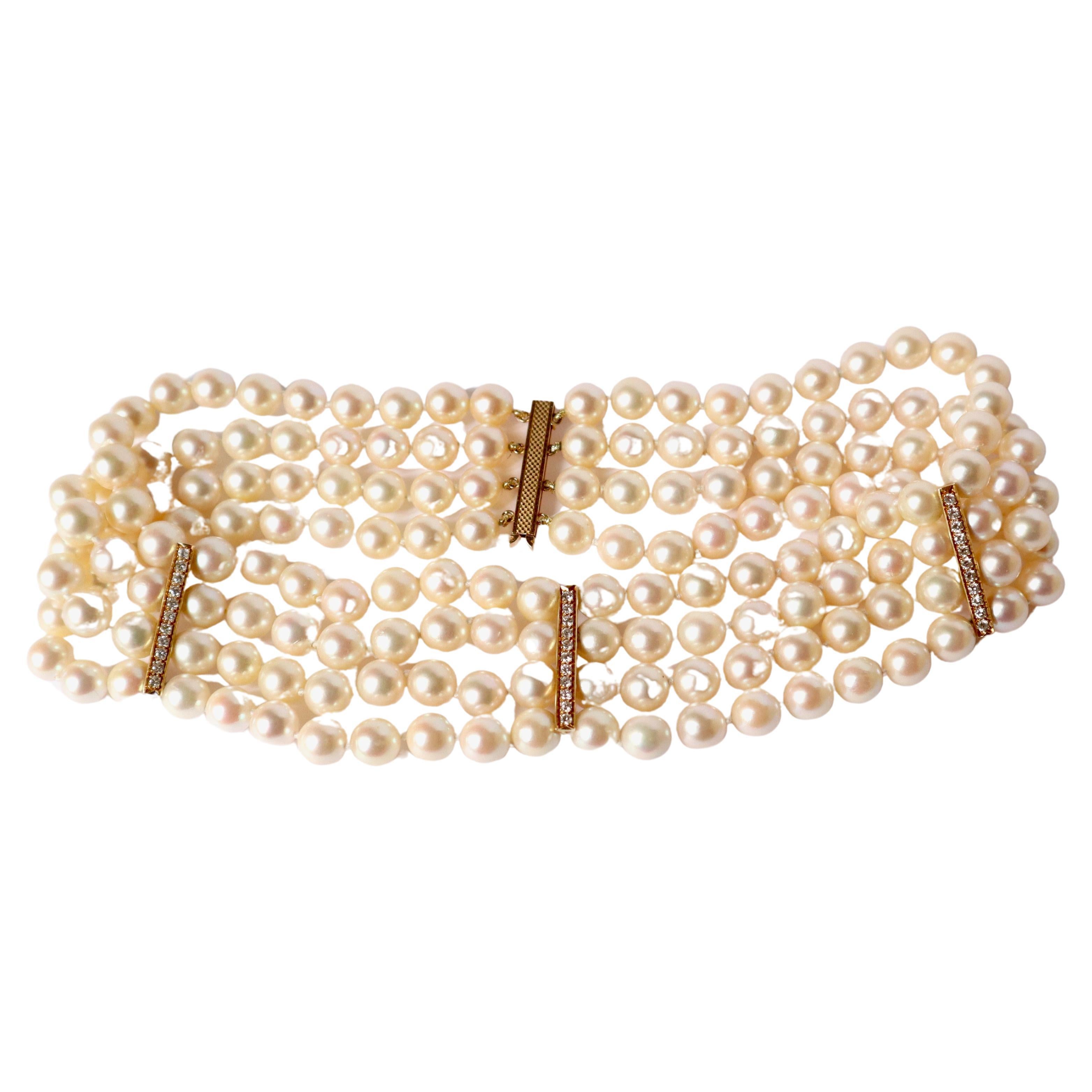 Collana 4 file di perle e oro giallo 18 carati, diamanti 1960
